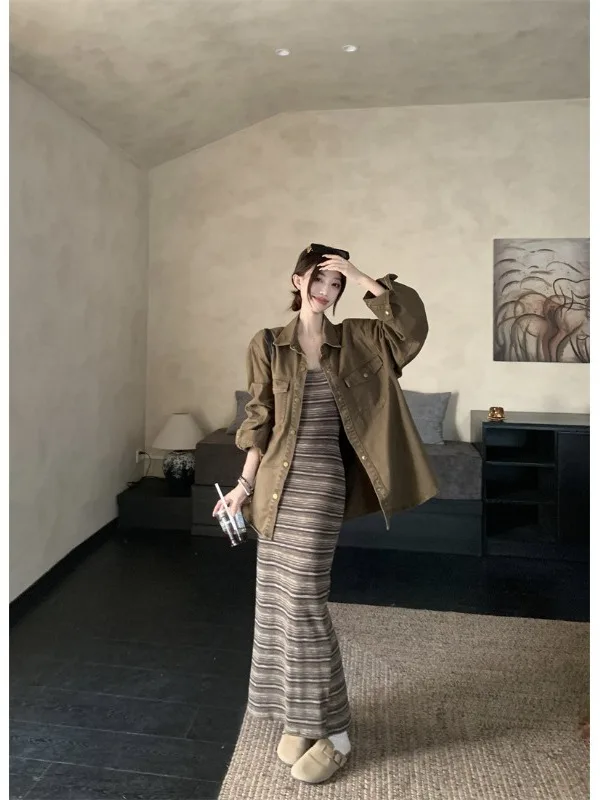 plus Size Casual Denim Jacket And Stripe Dress Set Long Sleeve Autumn New Design Korean Style Loose Fit Fashion Ensemble
plus Size Casual Denim Jacket And Stripe Dress Set Long Sleeve Autumn New Design Korean Style Loose Fit Fashion Ensemble