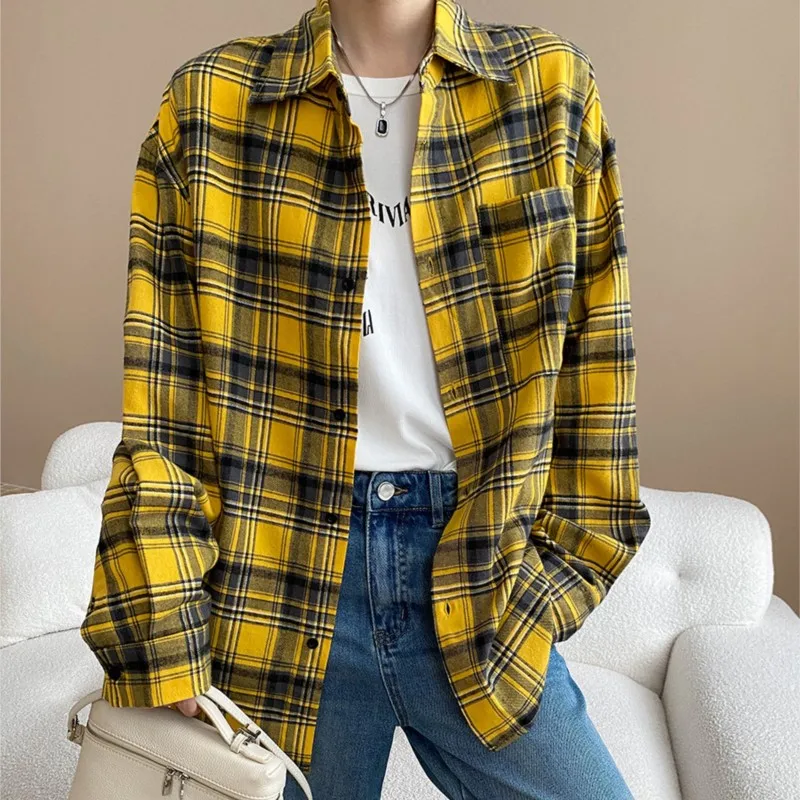 2025 Autumn New American Dopamine Yellow Checkered Shirts Women Casual Versatile Loose Long Sleeved Shirt
2025 Autumn New American Dopamine Yellow Checkered Shirts Women Casual Versatile Loose Long Sleeved Shirt