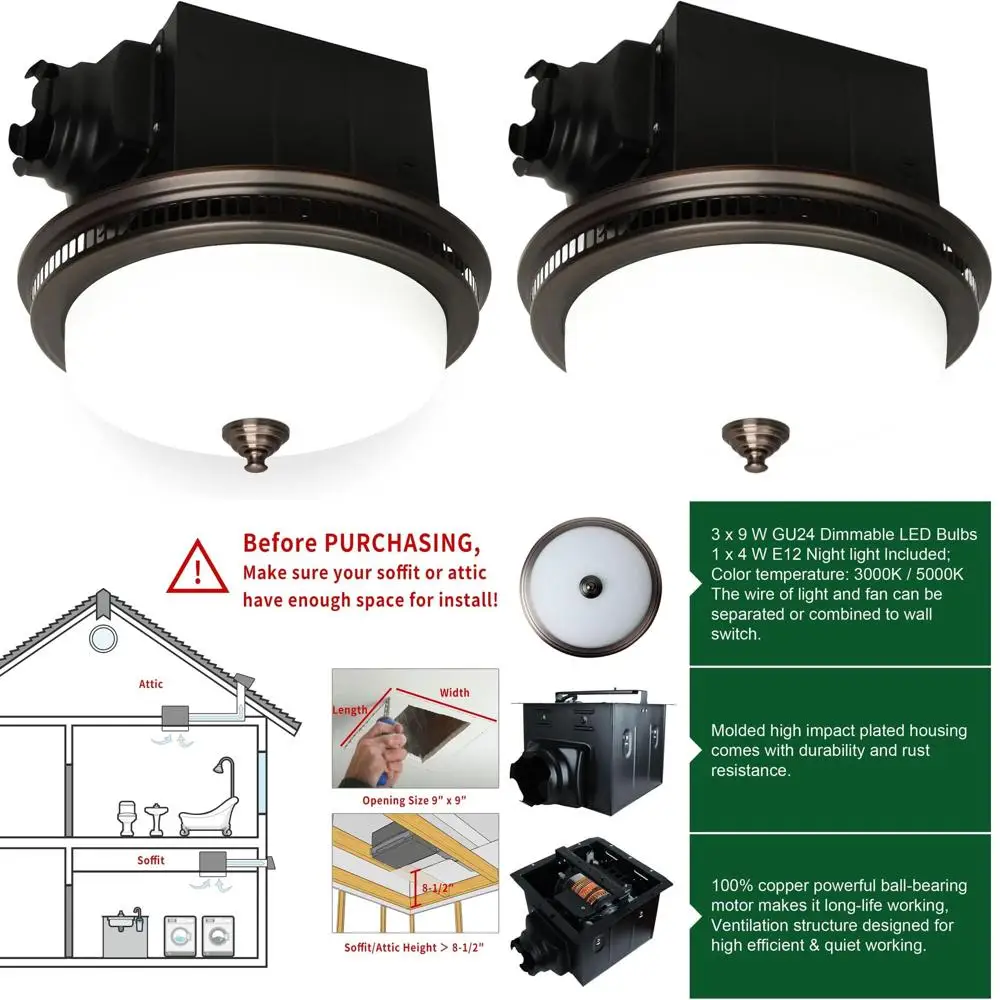 Ultra Quiet 110CM 1.5 Sones Bathroom Exhaust Fan with Light and Nightlight, 3-Year Oil Rubbed Bronze Model
Ultra Quiet 110CM 1.5 Sones Bathroom Exhaust Fan with Light and Nightlight, 3-Year Oil Rubbed Bronze Model