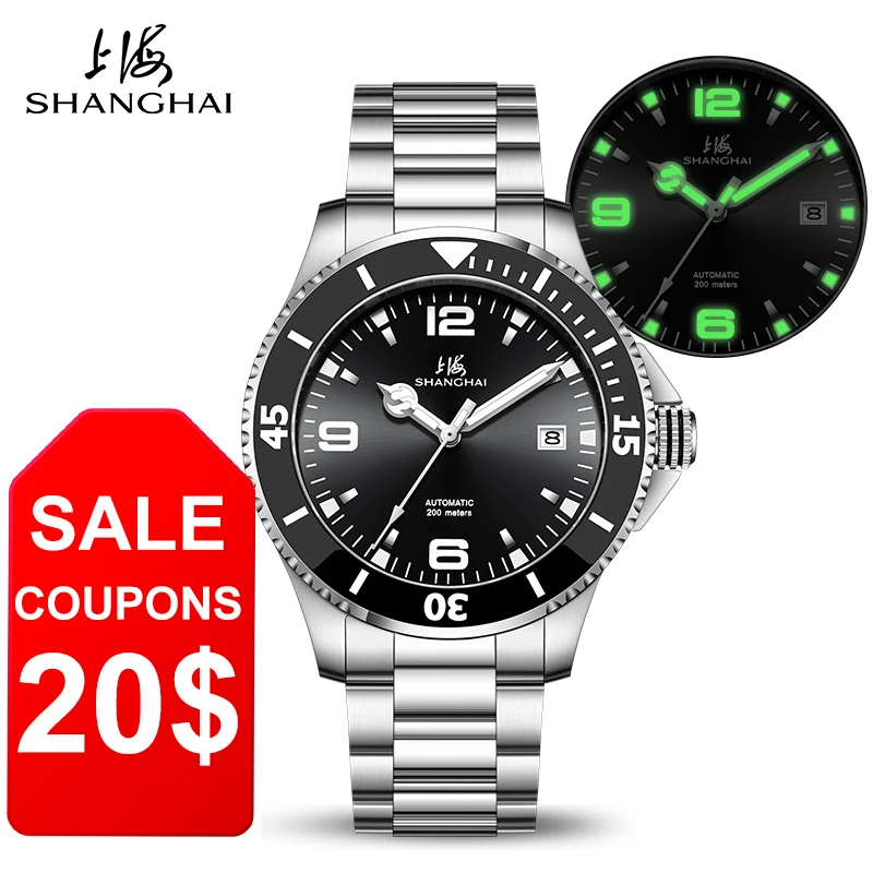 Shanghai Men's Automatic Mechanical Watch 200 Metre Diving Sapphire Crystal Luminous Calendar montre homme Ocean Series SH3080
Shanghai Men's Automatic Mechanical Watch 200 Metre Diving Sapphire Crystal Luminous Calendar montre homme Ocean Series SH3080