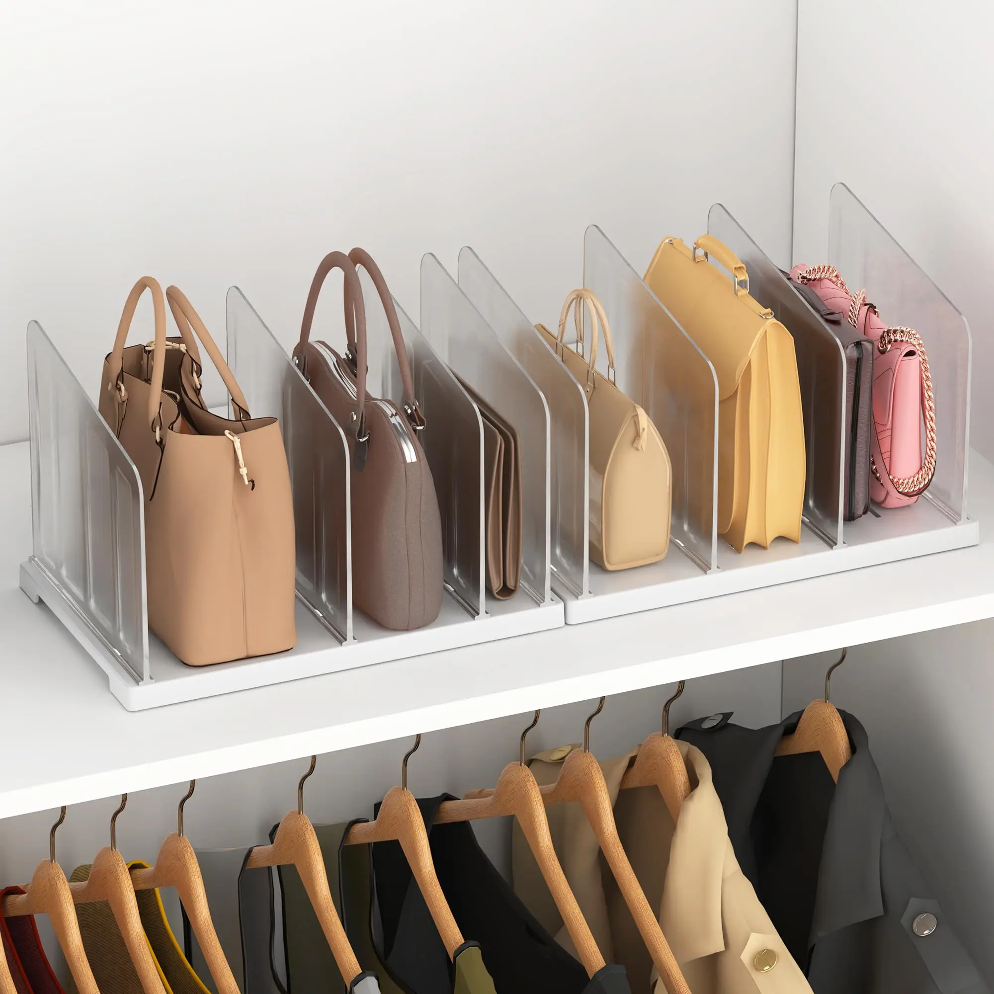 Adjustable Shelf Dividers for Closet, 2-Pack Purs Organizers for Closet Clear Frosted Plastic Shelf Dividers Handbag Separator
Adjustable Shelf Dividers for Closet, 2-Pack Purs Organizers for Closet Clear Frosted Plastic Shelf Dividers Handbag Separator