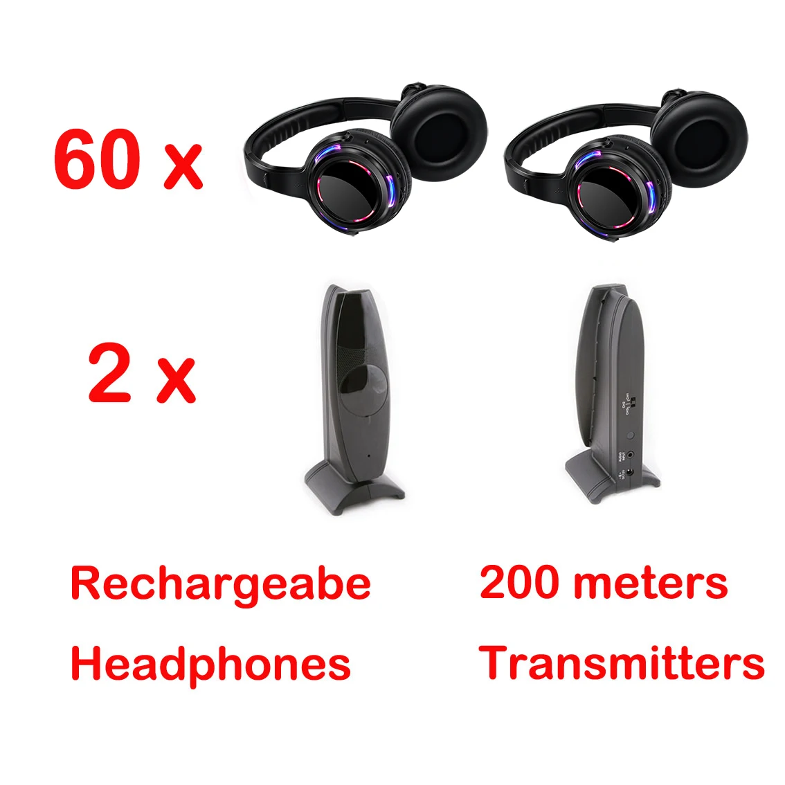 Professional Silent Disco Package 60 Pcs LED Headphones 2 Transmitters- RF Wireless For DJ Club Party Conference Customized Logo
Professional Silent Disco Package 60 Pcs LED Headphones 2 Transmitters- RF Wireless For DJ Club Party Conference Customized Logo