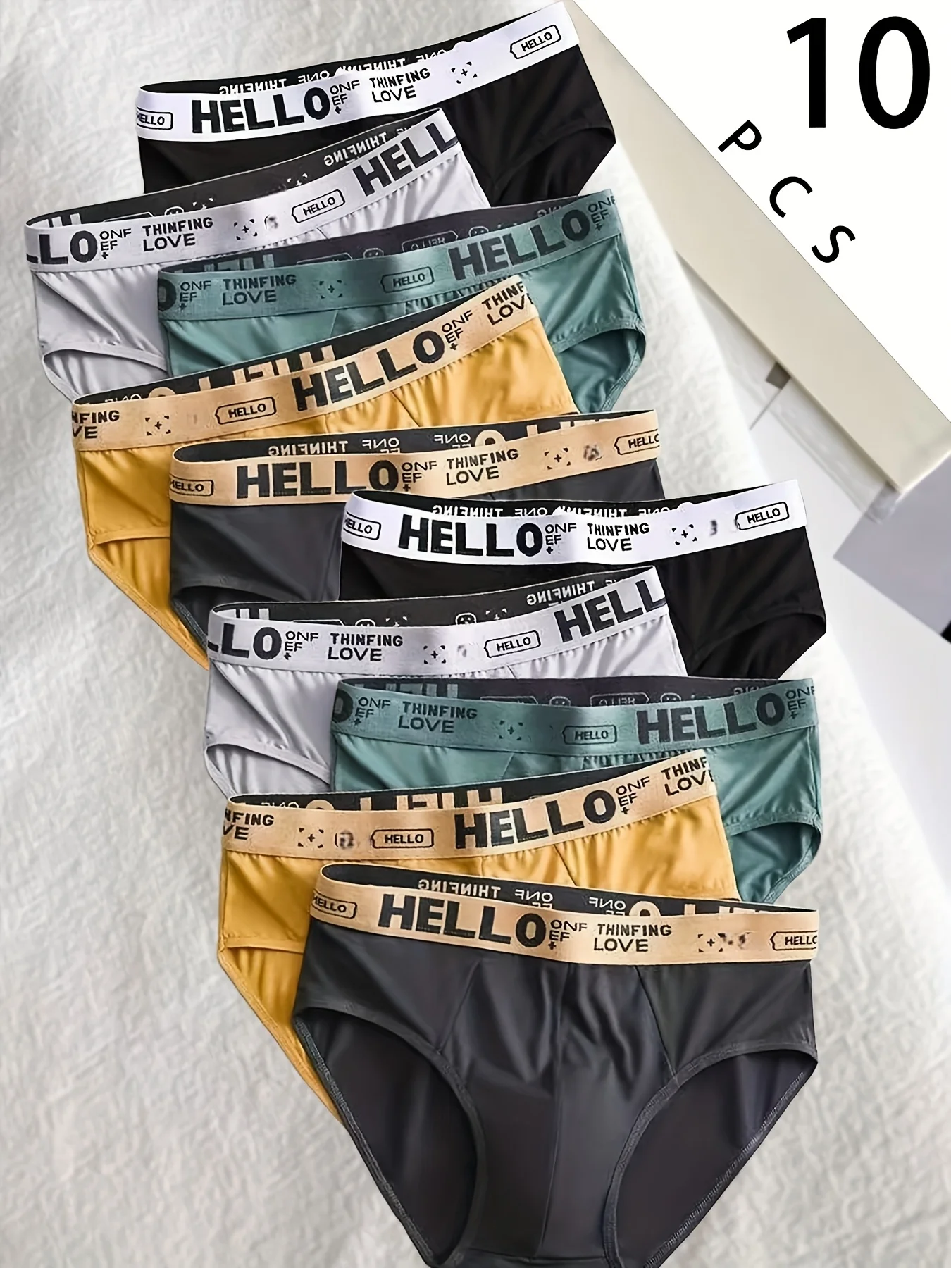 Random color 10-piece men's fashion 'HELLO' printed cool triangle shorts, G-string | Comfortable and breathable, high-stretch fabric, everyday casual underwear set
Random color 10-piece men's fashion 'HELLO' printed cool triangle shorts, G-string | Comfortable and breathable, high-stretch fabric, everyday casual underwear set