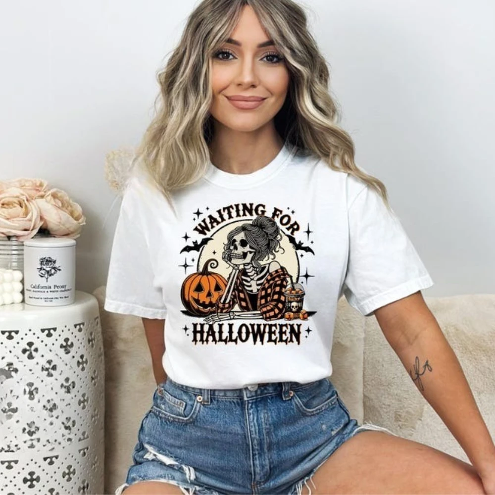 Skeleton Girl Tshirt Just Waiting for Halloween T-Shirt Funny Spooky Pumpkin Art Tee Halloween Coffee Cup Shirt Women Casual Top 
Skeleton Girl Tshirt Just Waiting for Halloween T-Shirt Funny Spooky Pumpkin Art Tee Halloween Coffee Cup Shirt Women Casual Top