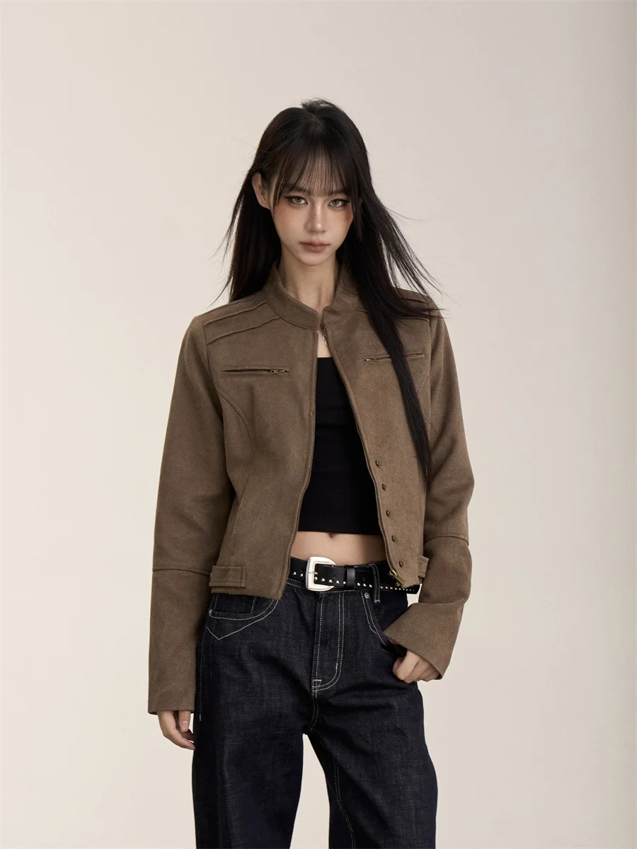 Retro American Style Biker Jacket Women's Short Stand Collar Vintage Design Spring Top Button Closure Long Sleeve Outerwear
Retro American Style Biker Jacket Women's Short Stand Collar Vintage Design Spring Top Button Closure Long Sleeve Outerwear