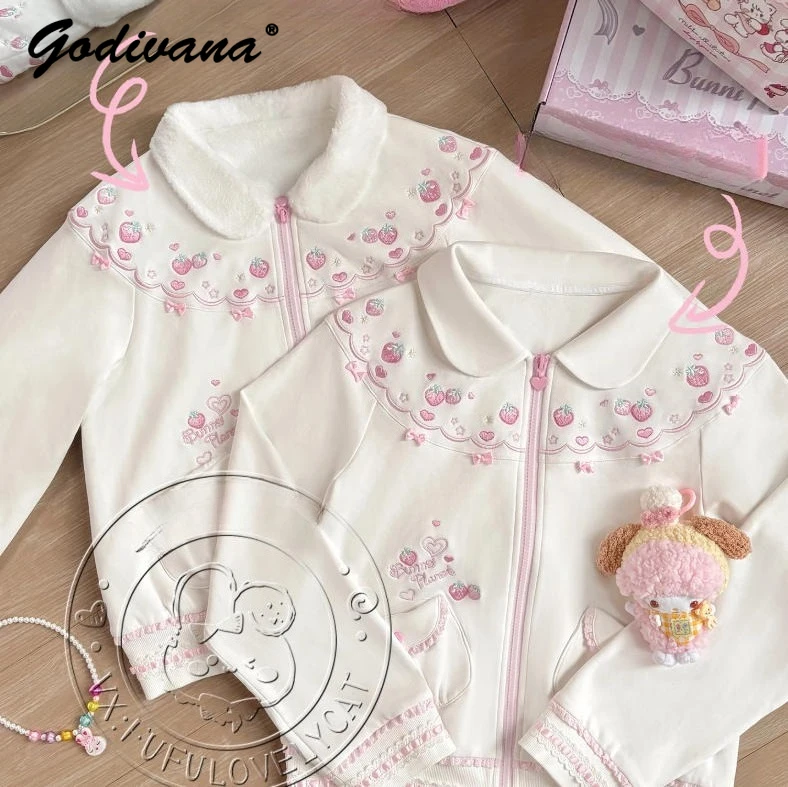 New Spring Sweet Cute Strawberry Embroidered Cotton Jacket Lace Trim Teen Girls Zipper Cardigan Cotton Coat Female Outwear
New Spring Sweet Cute Strawberry Embroidered Cotton Jacket Lace Trim Teen Girls Zipper Cardigan Cotton Coat Female Outwear