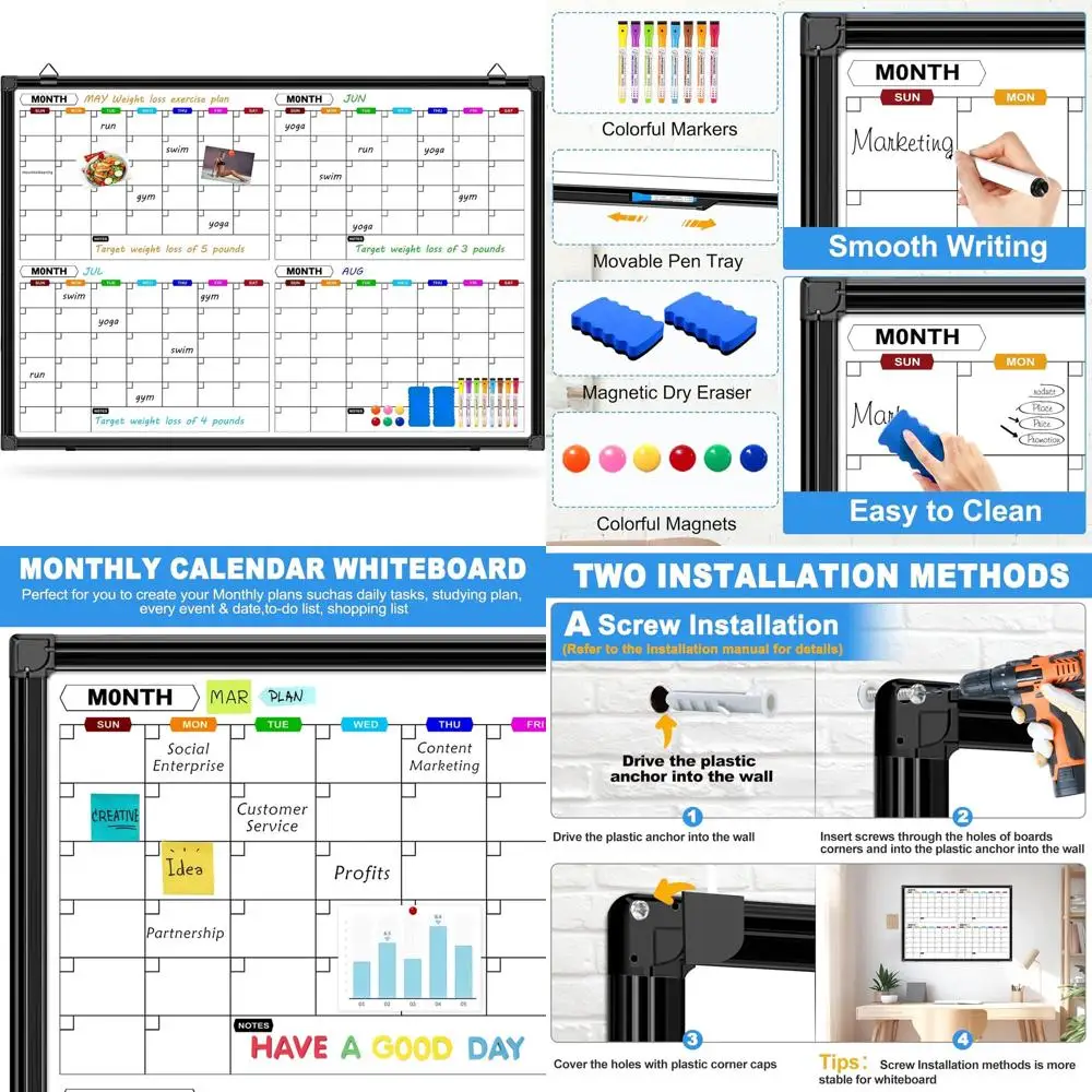 36x24 Wall-Mounted Dry Erase Calendar, Magnetic Whiteboard with Black Frame for Home, Office, and School
36x24 Wall-Mounted Dry Erase Calendar, Magnetic Whiteboard with Black Frame for Home, Office, and School