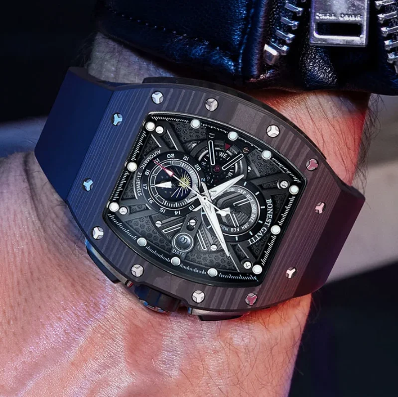 BONEST GATTI Men Automatic Watch 45mm Tonneau Mechanical Wristwatch Carbon Fiber Case Sapphire Luminous Month Week Date 24 Hours
BONEST GATTI Men Automatic Watch 45mm Tonneau Mechanical Wristwatch Carbon Fiber Case Sapphire Luminous Month Week Date 24 Hours