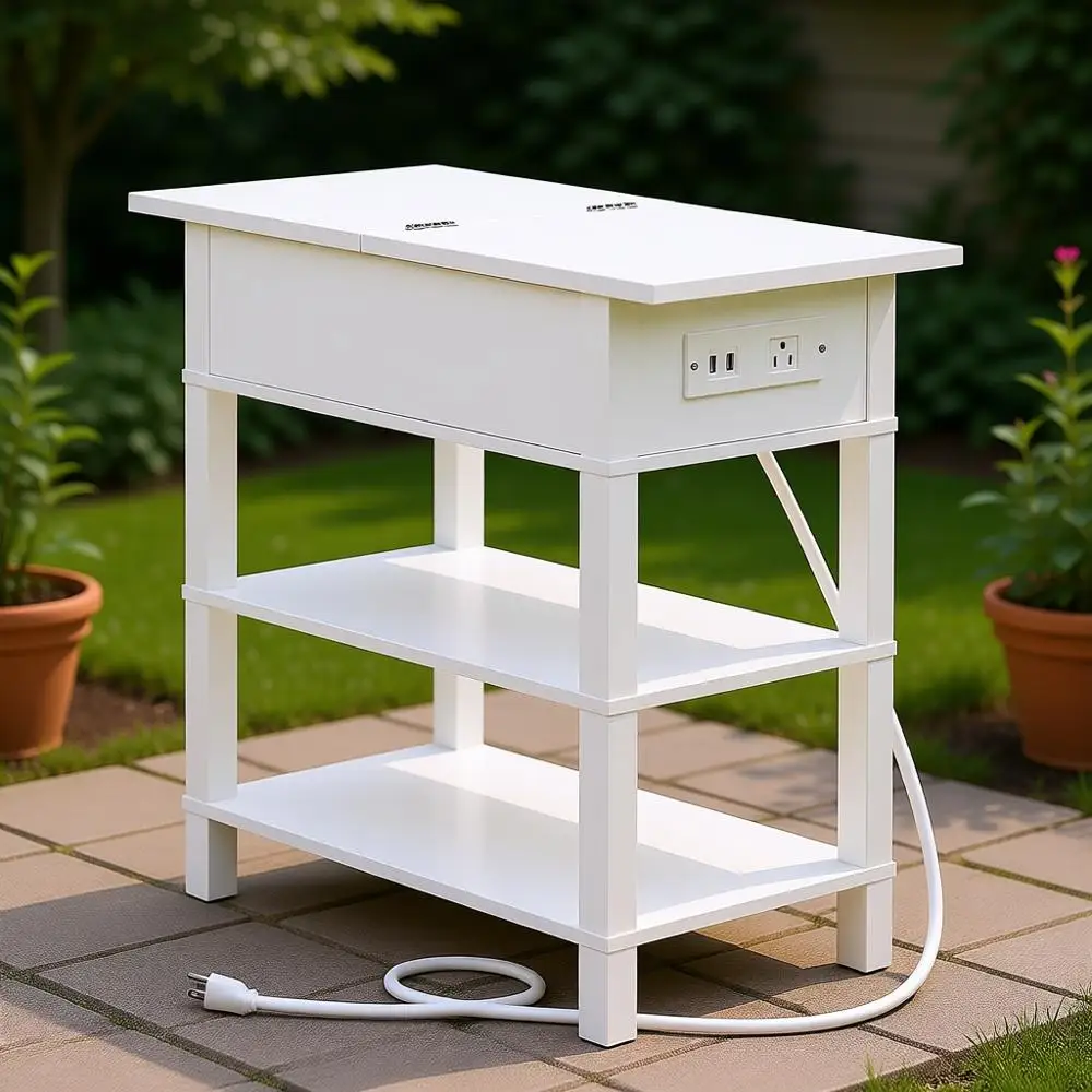 Белый прикроватный столик с USB-портами и полками для хранения для небольших помещений
Белый прикроватный столик с USB-портами и полками для хранения для небольших помещений