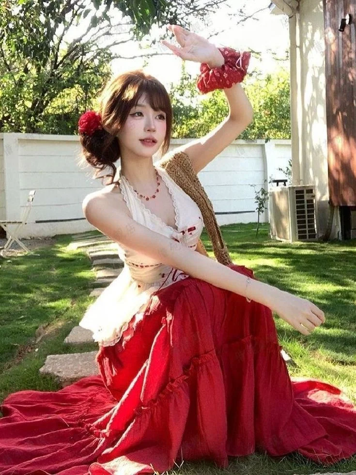 Summer Sexy Pure Desire V-neck Sleeveless Hanging Neck Strap Red Long Dress Brightness Clothing Set Women's Fashion Set
Summer Sexy Pure Desire V-neck Sleeveless Hanging Neck Strap Red Long Dress Brightness Clothing Set Women's Fashion Set