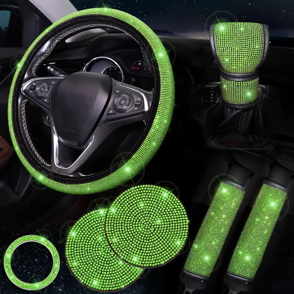 Steering Wheel Cover 15 inch Set of 7, Crystal Diamond Rhinestone Green Bling Car Accessories, Seat Belt Cover, Gear Shift Cover
Steering Wheel Cover 15 inch Set of 7, Crystal Diamond Rhinestone Green Bling Car Accessories, Seat Belt Cover, Gear Shift Cover