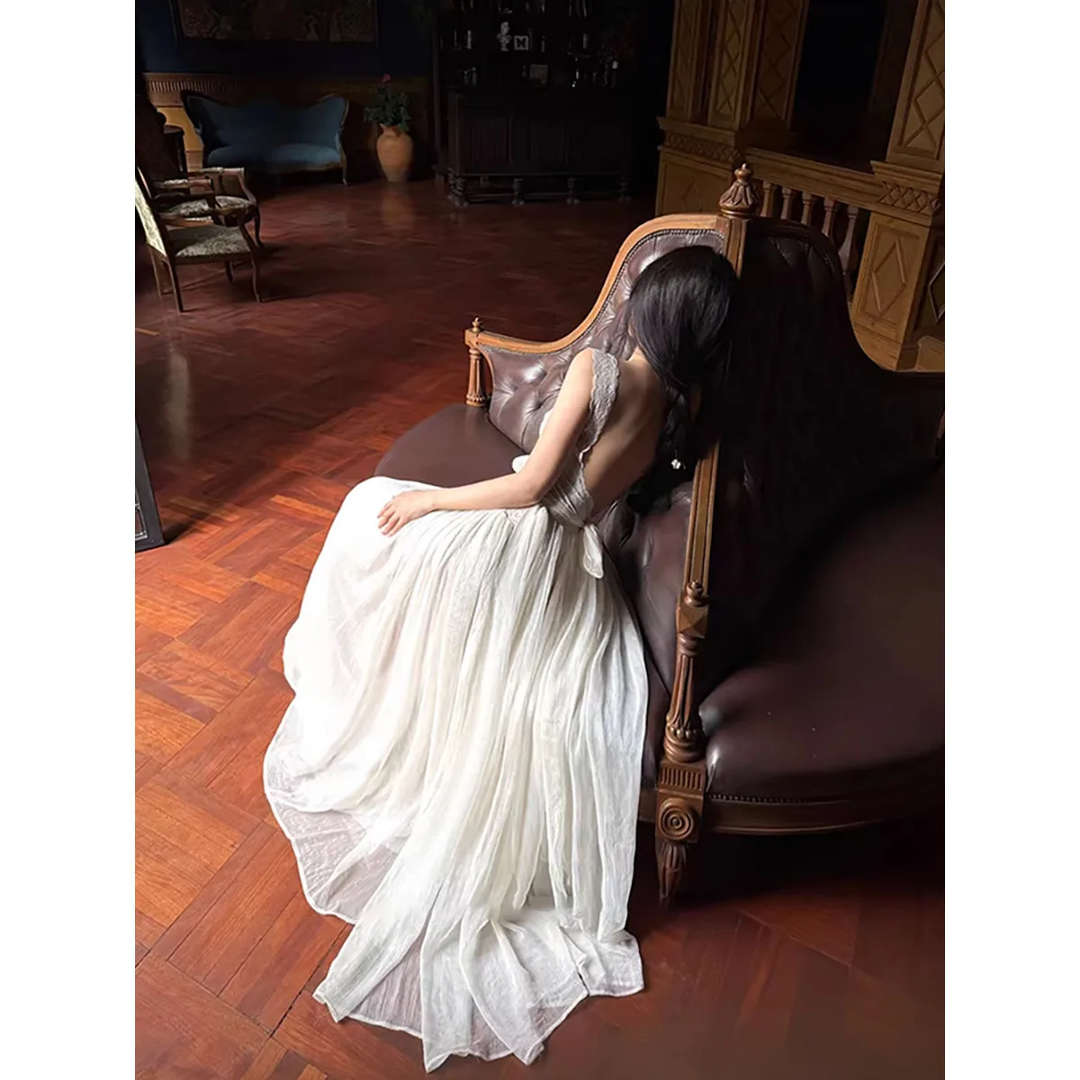 Women's Fake White Sleeveless Long Dress, Summer Large Open Back Lace Spliced Strappy Slip Dress with Ties
Women's Fake White Sleeveless Long Dress, Summer Large Open Back Lace Spliced Strappy Slip Dress with Ties