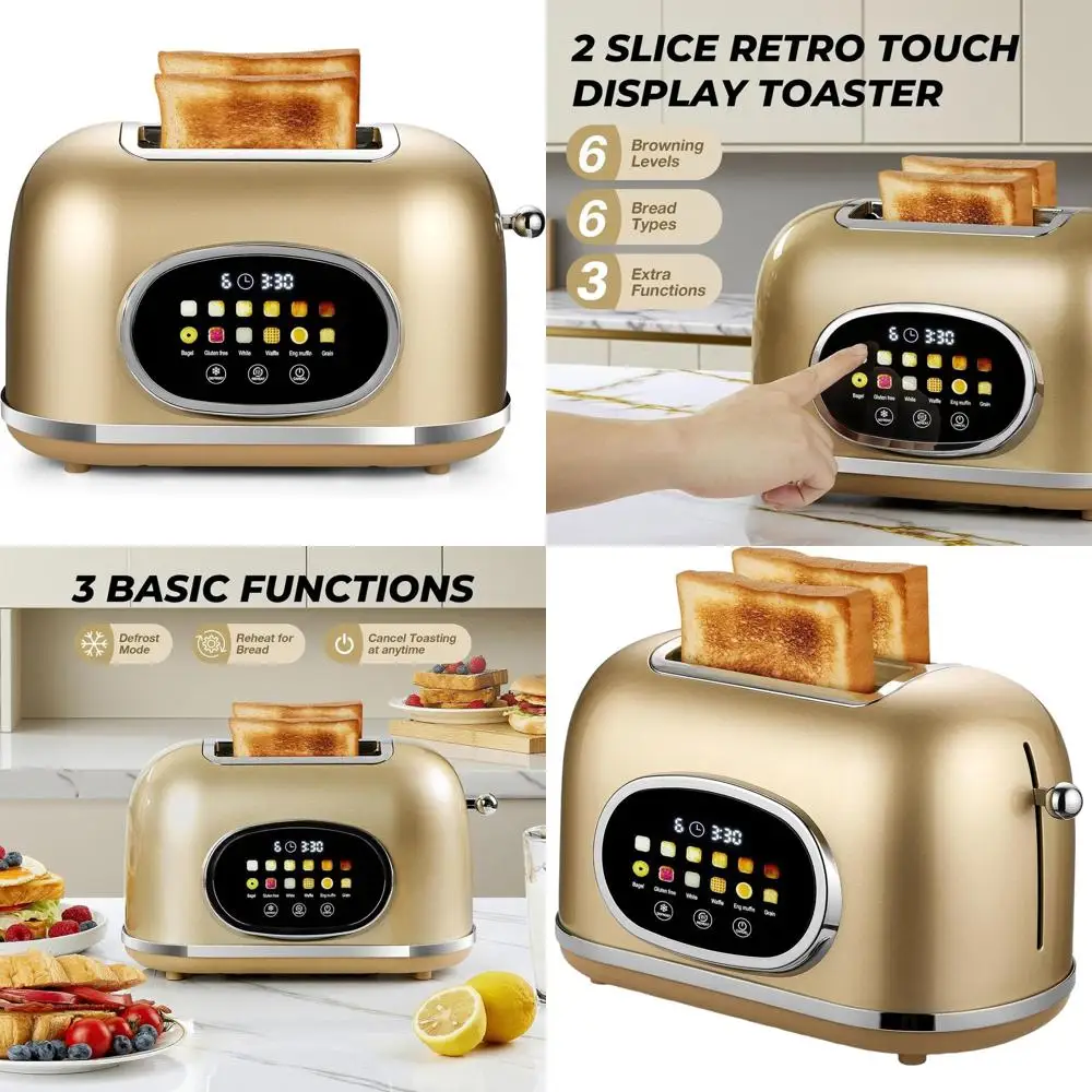 Retro Gold Digital Touchscreen Toaster with 6 Bread Options, Timer, Sleep, Bagel, Cancel, and Defrost
Retro Gold Digital Touchscreen Toaster with 6 Bread Options, Timer, Sleep, Bagel, Cancel, and Defrost