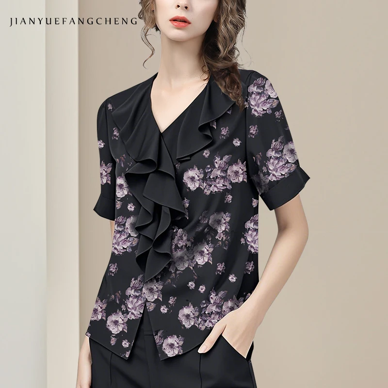 Vintage Black Floral Print Women Knit Top Short Sleeve V-neck Ruffles Summer Blouses Loose Casual Female Casual Working Shirts
Vintage Black Floral Print Women Knit Top Short Sleeve V-neck Ruffles Summer Blouses Loose Casual Female Casual Working Shirts