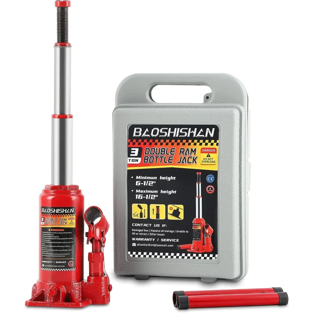 3-тонный двойной домкрат для бутылок с диапазоном подъема от 6 до 1/2 до 16-1/2 дюймов и портативной гидравлической конструкцией, включая автомобиль 
3-тонный двойной домкрат для бутылок с диапазоном подъема от 6 до 1/2 до 16-1/2 дюймов и портативной гидравлической конструкцией, включая автомобиль