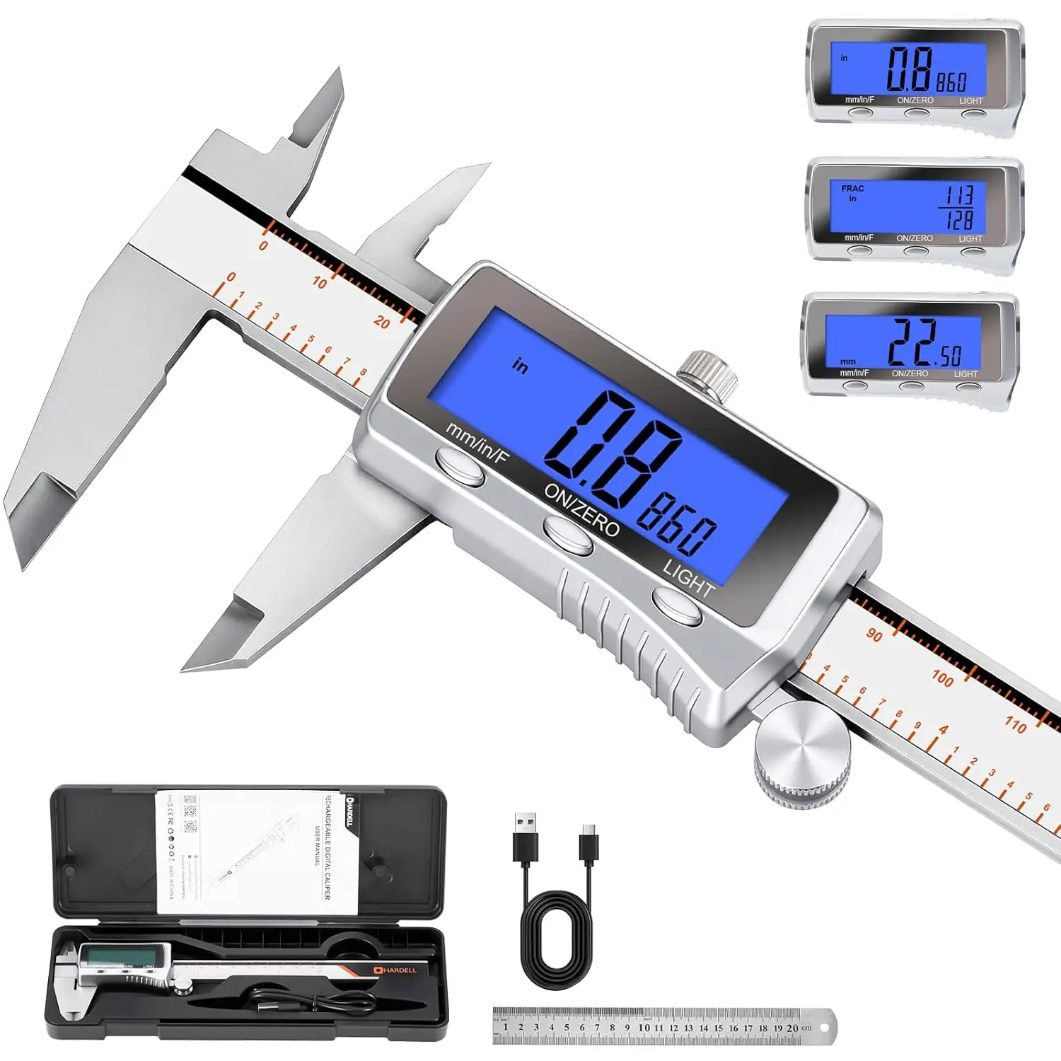 Digital Caliper 6 Inch, Rechargeable with Backlight LCD, All Metal, Inch/MM/Fraction, Auto-Off