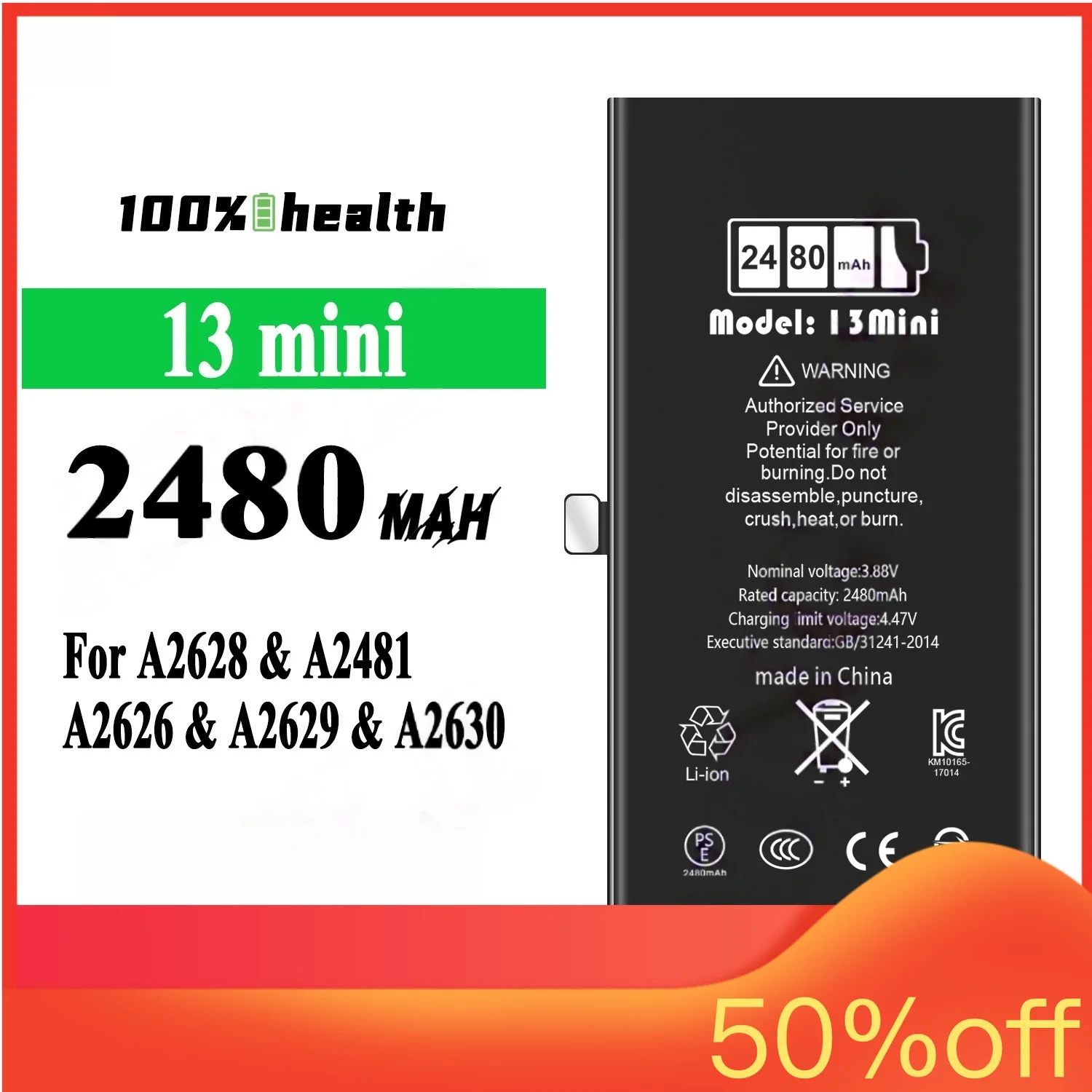 2480mAh for Apple 13mini Phone Battery for A2628 A2481 A2626 A2629 A2630 Running Diagnosis Lithium Ion Rechargeable Battery
2480mAh for Apple 13mini Phone Battery for A2628 A2481 A2626 A2629 A2630 Running Diagnosis Lithium Ion Rechargeable Battery