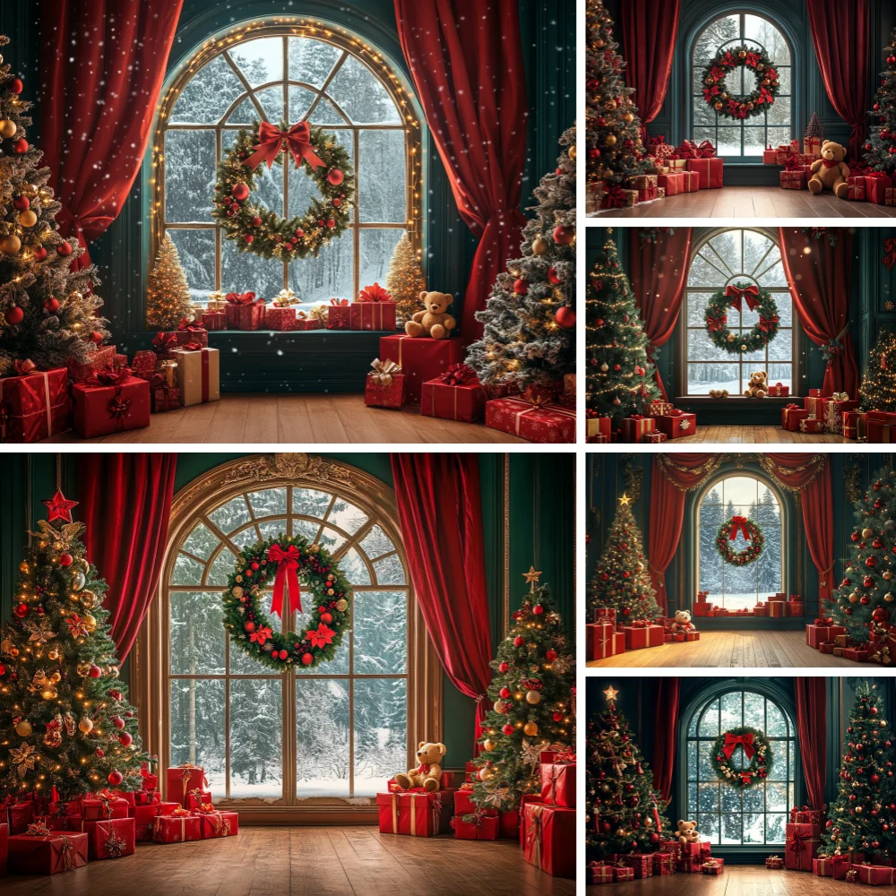 Green Wall Arch Window Christmas Photo Backdrop Red Curtain Wreath Xmas Tree Gift Box Bear Snow Forest Studio Background Prop
Green Wall Arch Window Christmas Photo Backdrop Red Curtain Wreath Xmas Tree Gift Box Bear Snow Forest Studio Background Prop
