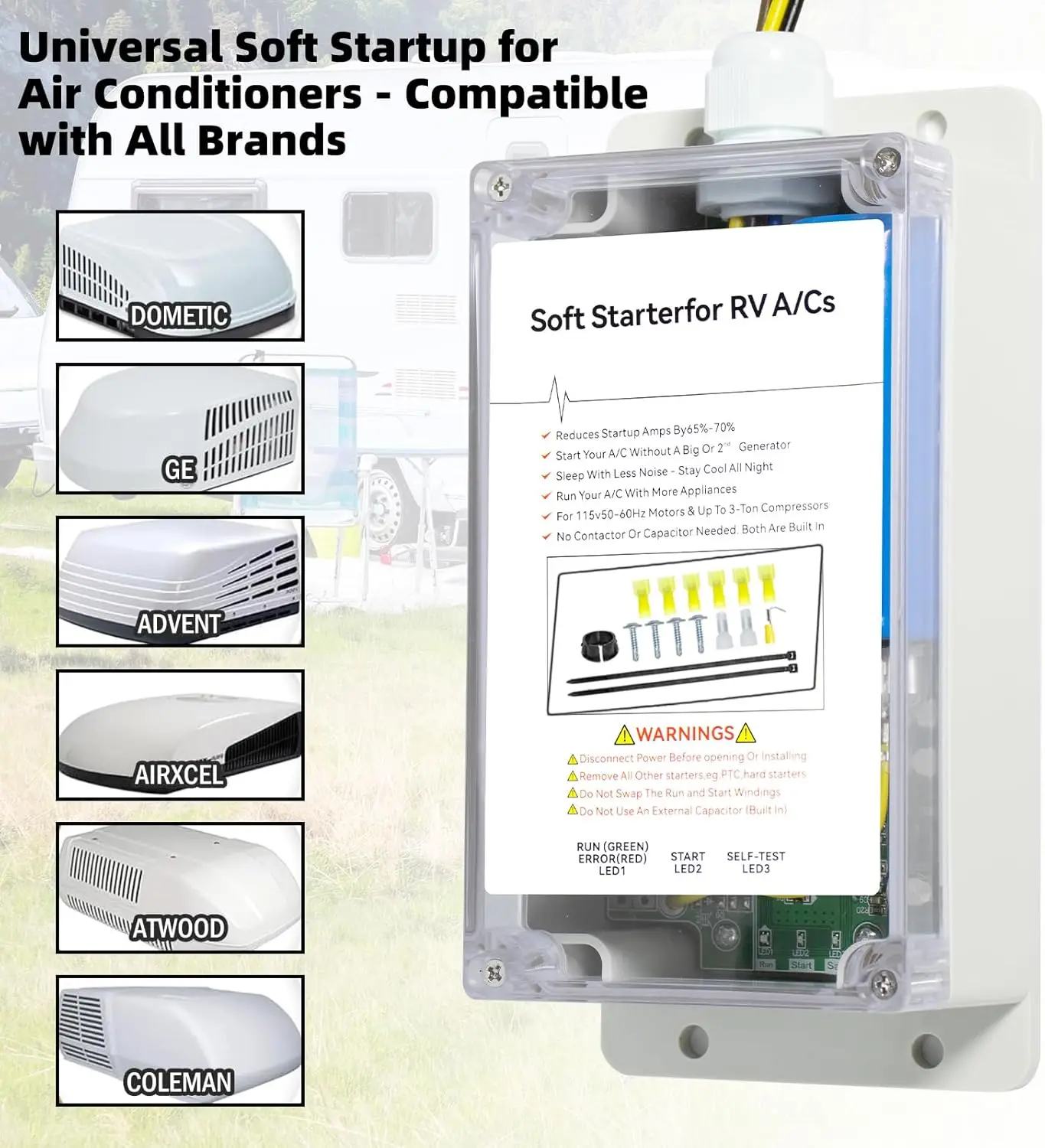 Soft Start for RV Air Conditioners, Reduces Inrush Current by 70%, Waterproof Reverse Motor Protection for Hom,Easy DIY Install,