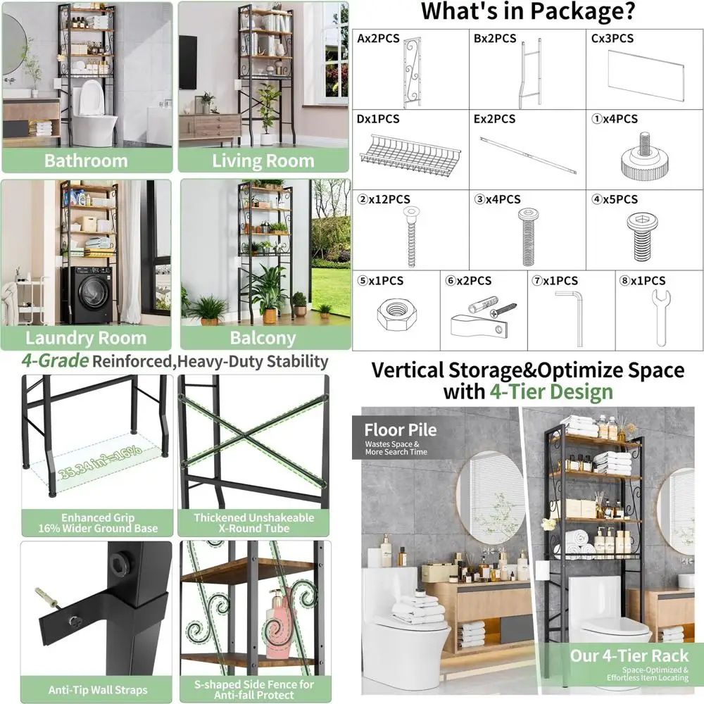 4-Tier Over Toilet Storage Rack, Space-Saving Wooden Shelving Unit with Baskets, Black & Rustic Brown Finish
4-Tier Over Toilet Storage Rack, Space-Saving Wooden Shelving Unit with Baskets, Black & Rustic Brown Finish