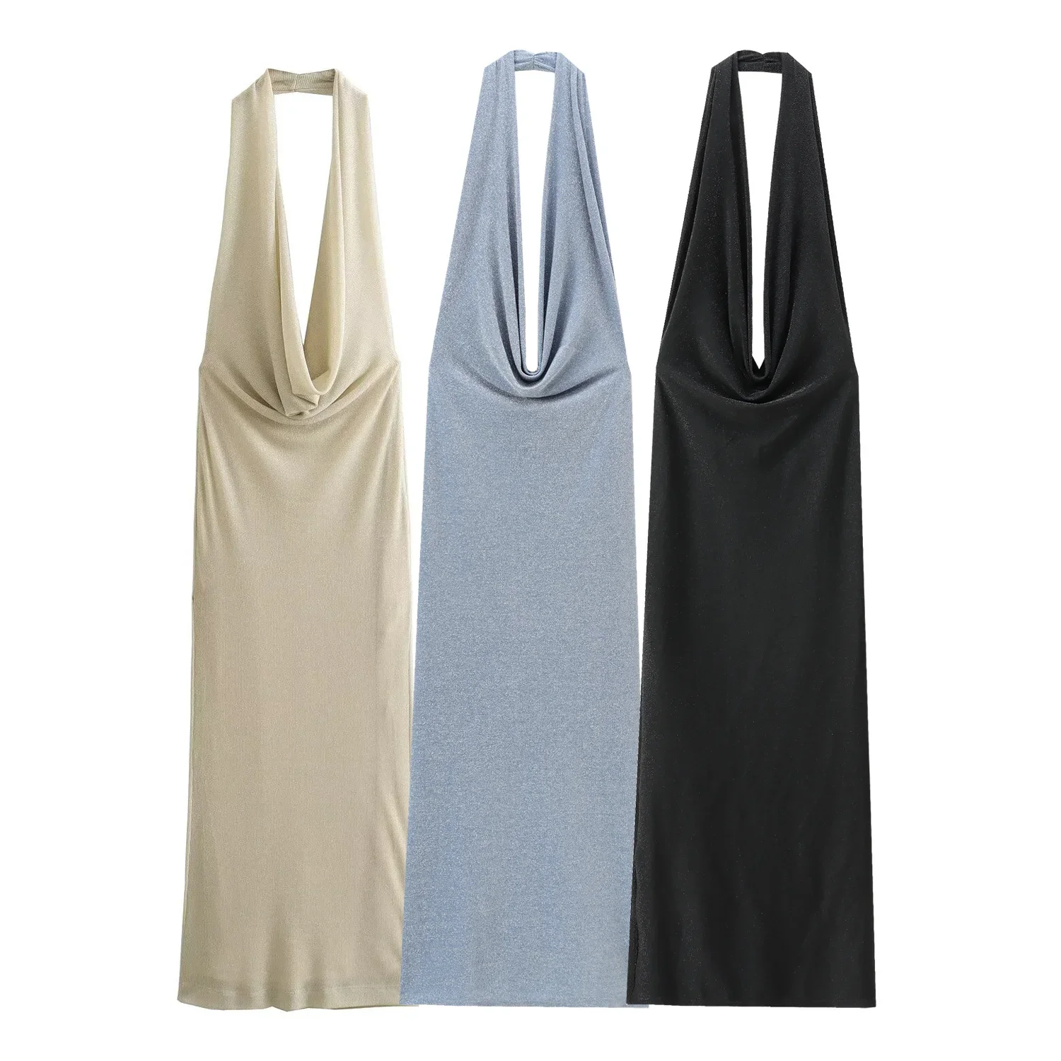 Women's new fashion pleated hanging neck slim metal series knitted MIDI dress retro sleeveless backless women's dress Mujer
Women's new fashion pleated hanging neck slim metal series knitted MIDI dress retro sleeveless backless women's dress Mujer