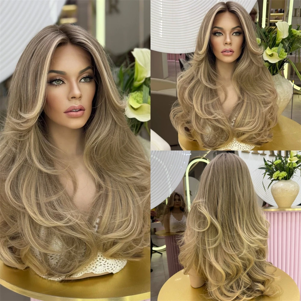 High Quality Glueless Wig Free Part Ombre Brown Blonde Colored Synthetic HD Lace Front Wig Preplucked Hairline Soft Wave Wig
High Quality Glueless Wig Free Part Ombre Brown Blonde Colored Synthetic HD Lace Front Wig Preplucked Hairline Soft Wave Wig