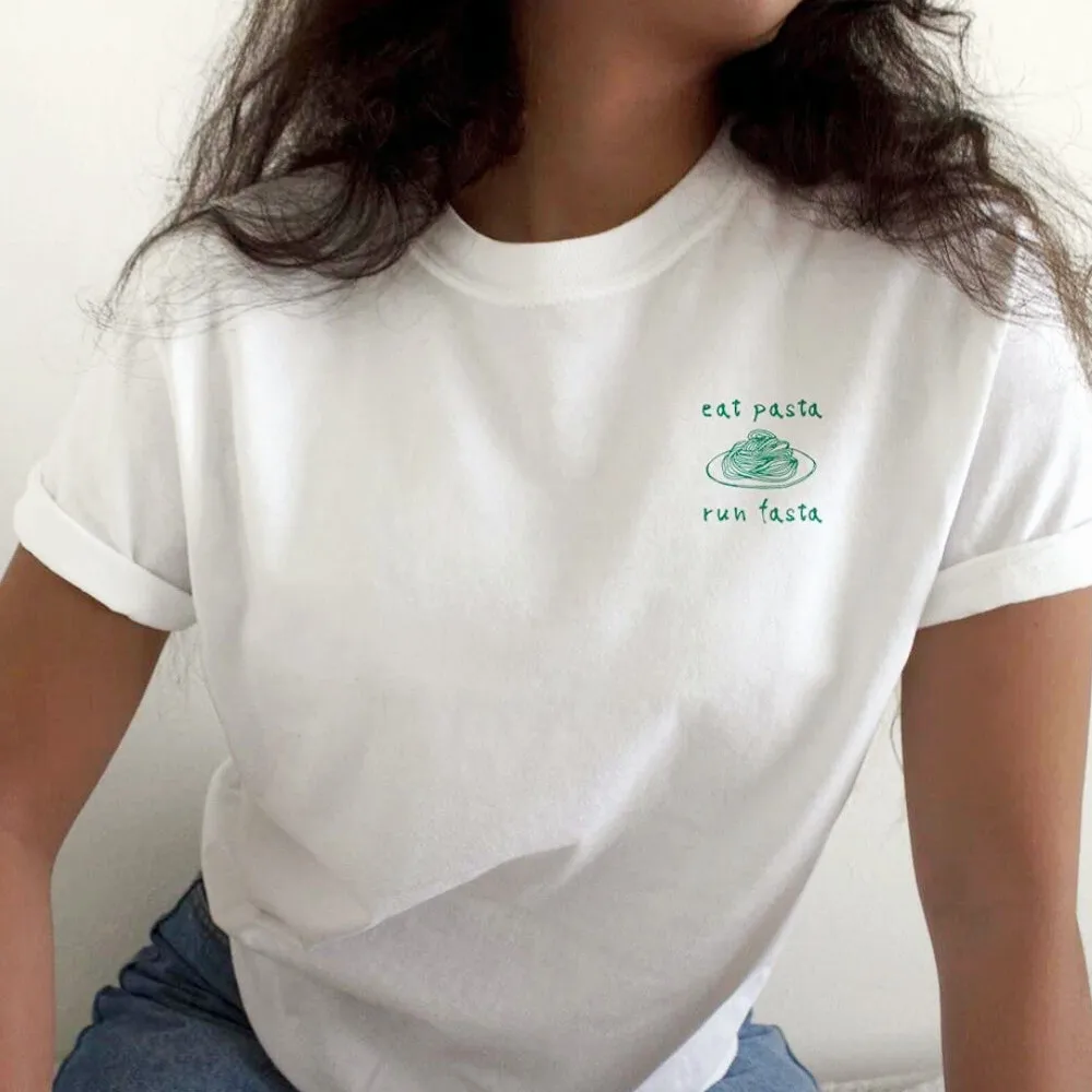 Eat Pasta Run Fasta Funny Printing Graphic T Shirts Summer Short Sleeve Loose Unisex Tees White Cotton Casual Shirts
Eat Pasta Run Fasta Funny Printing Graphic T Shirts Summer Short Sleeve Loose Unisex Tees White Cotton Casual Shirts