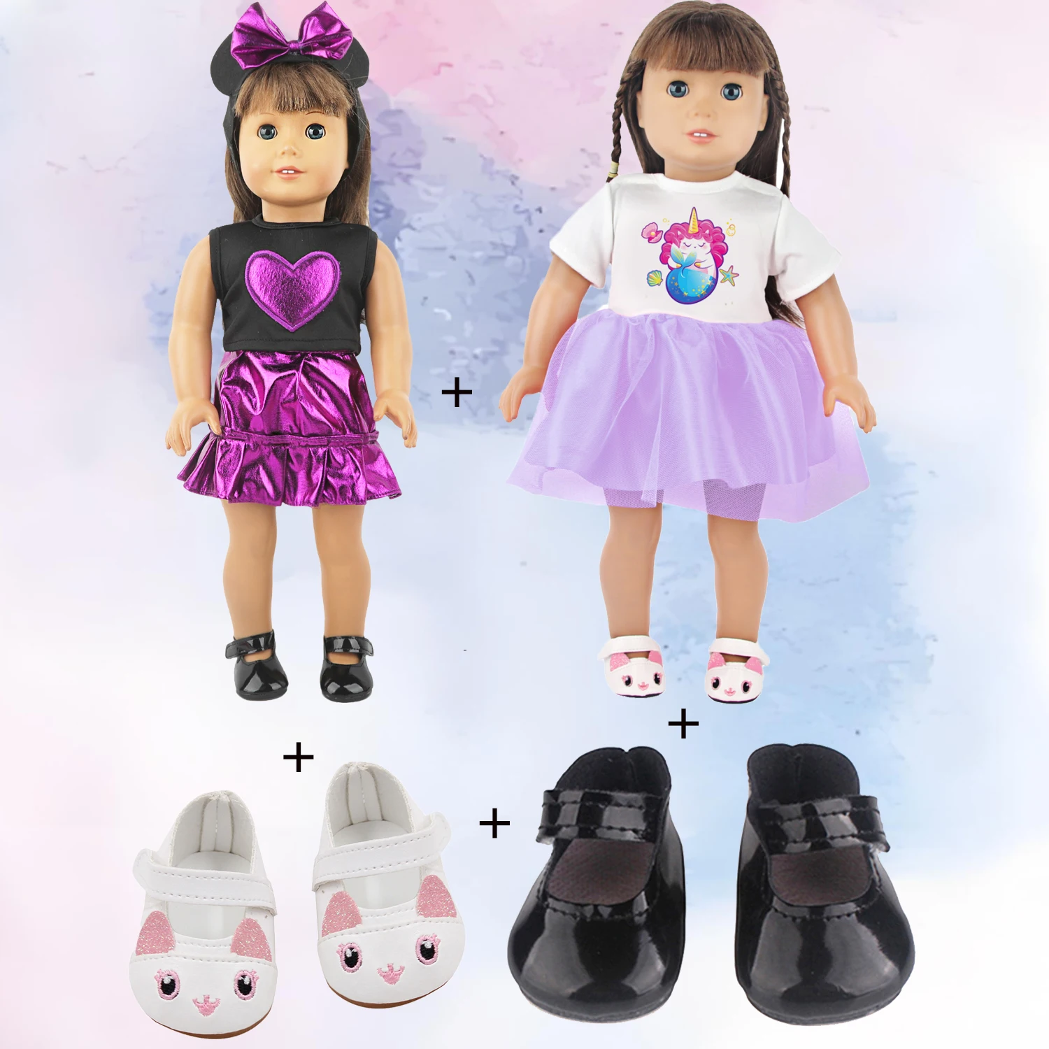 Кукольная одежда фиолетовой серии для 18-дюймовой американской куклы, одежда в форме сердца + платье + 2 туфли, наряд для новорожденных 43 см, куклы OG Girl
Кукольная одежда фиолетовой серии для 18-дюймовой американской куклы, одежда в форме сердца + платье + 2 туфли, наряд для новорожденных 43 см, куклы OG Girl