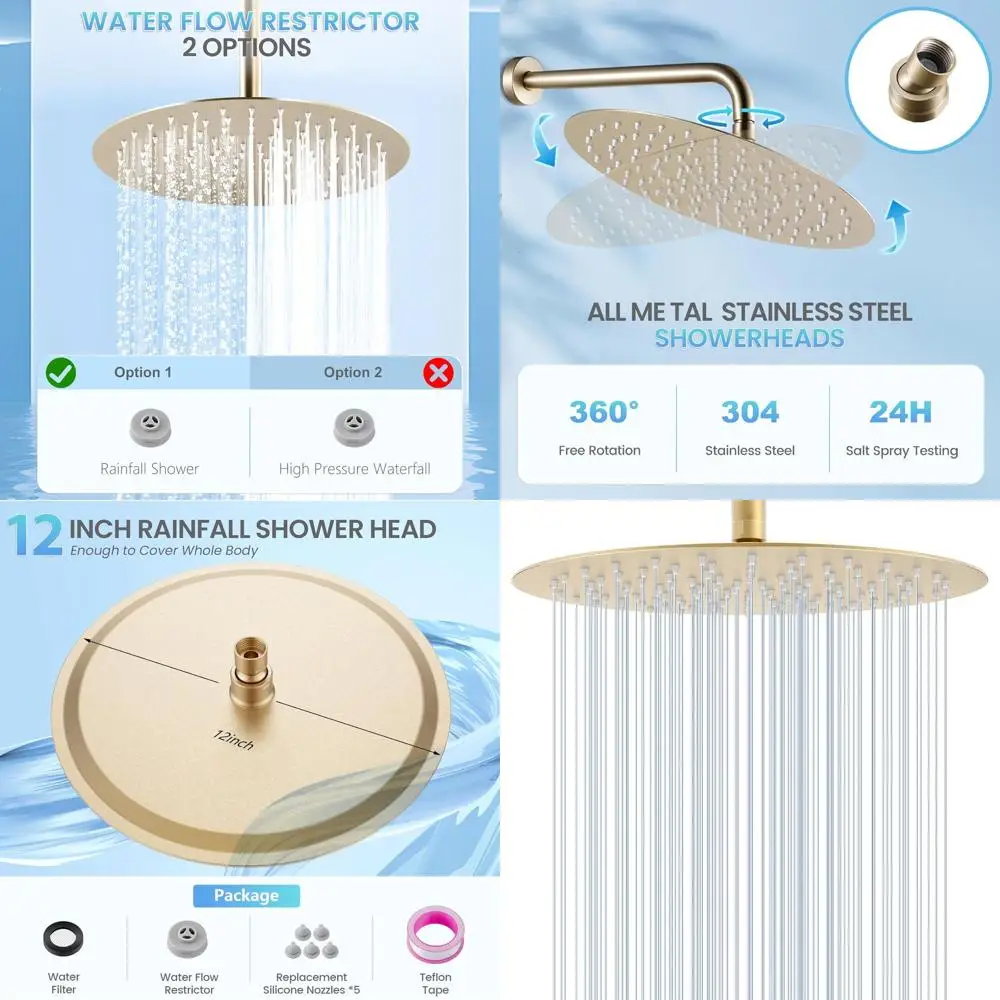 12 Inch Brushed Gold All-Metal Stainless Steel Round Rain Shower with 120 Silicone Nozzles for Modern Bathrooms
12 Inch Brushed Gold All-Metal Stainless Steel Round Rain Shower with 120 Silicone Nozzles for Modern Bathrooms