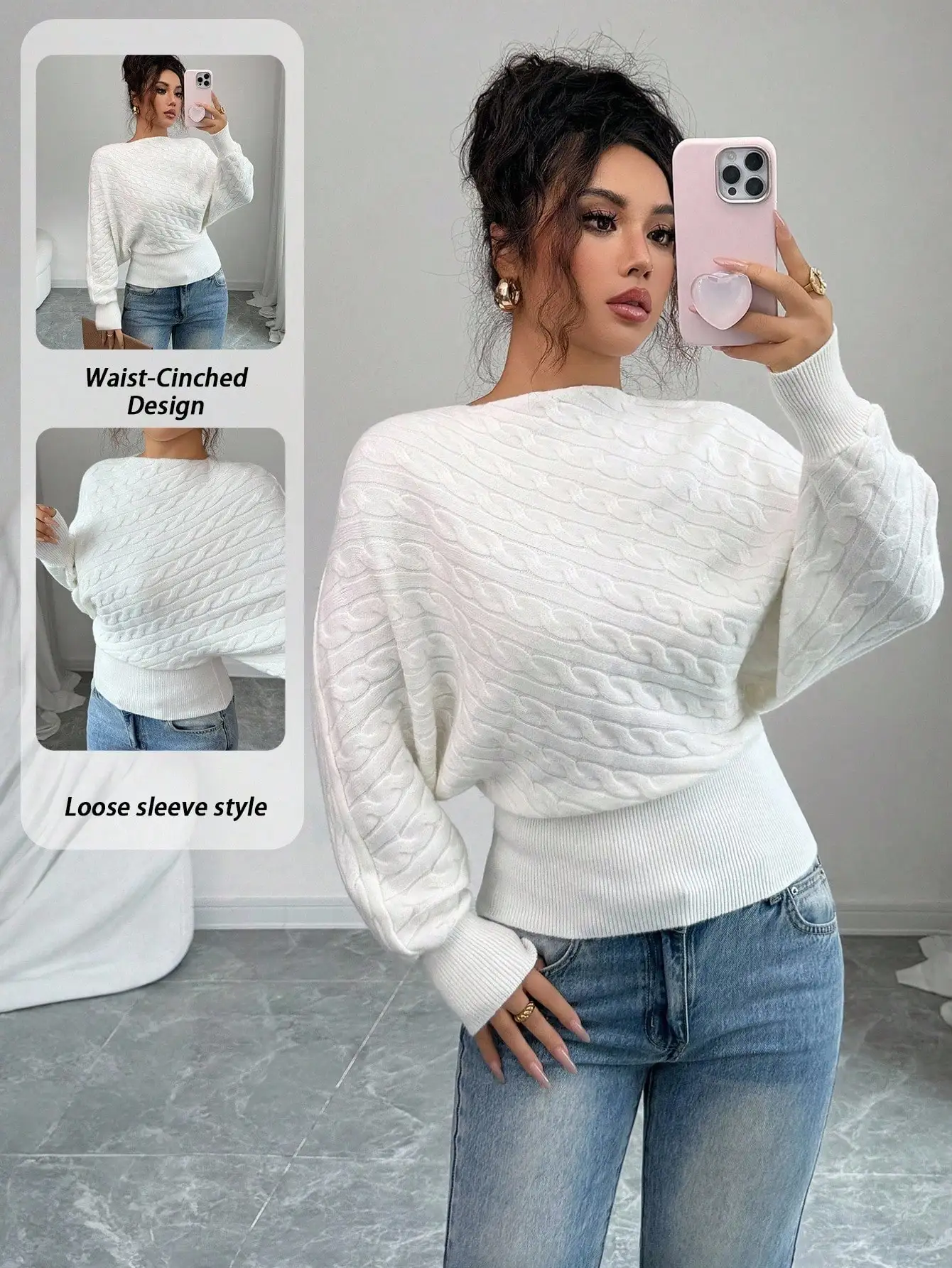 White Cable Knit Pullover with Waist-Cinched Design and Loose Sleeves
White Cable Knit Pullover with Waist-Cinched Design and Loose Sleeves