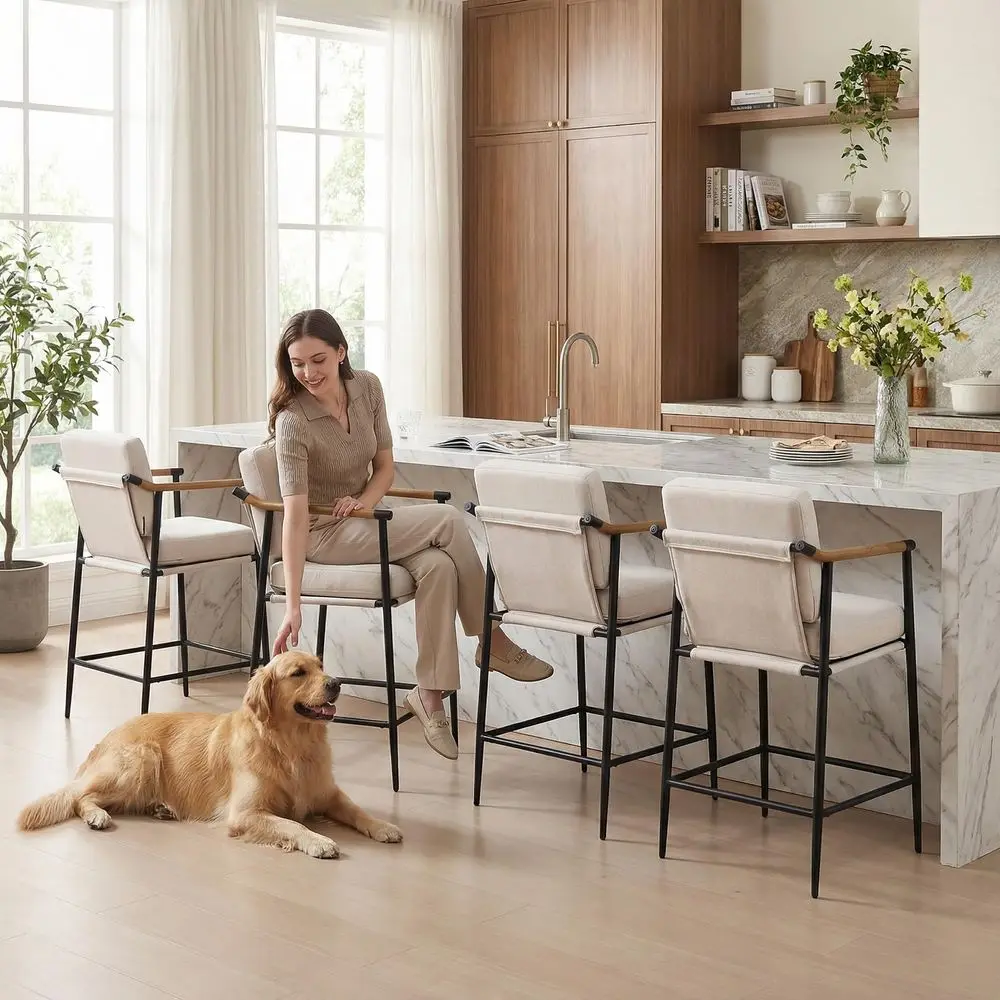 Linen Counter Height Bar Stools Set of 4, holstered 26 Seat Height Mid Century Modern Barstools with Wood Armrests Metal Legs
Linen Counter Height Bar Stools Set of 4, holstered 26 Seat Height Mid Century Modern Barstools with Wood Armrests Metal Legs