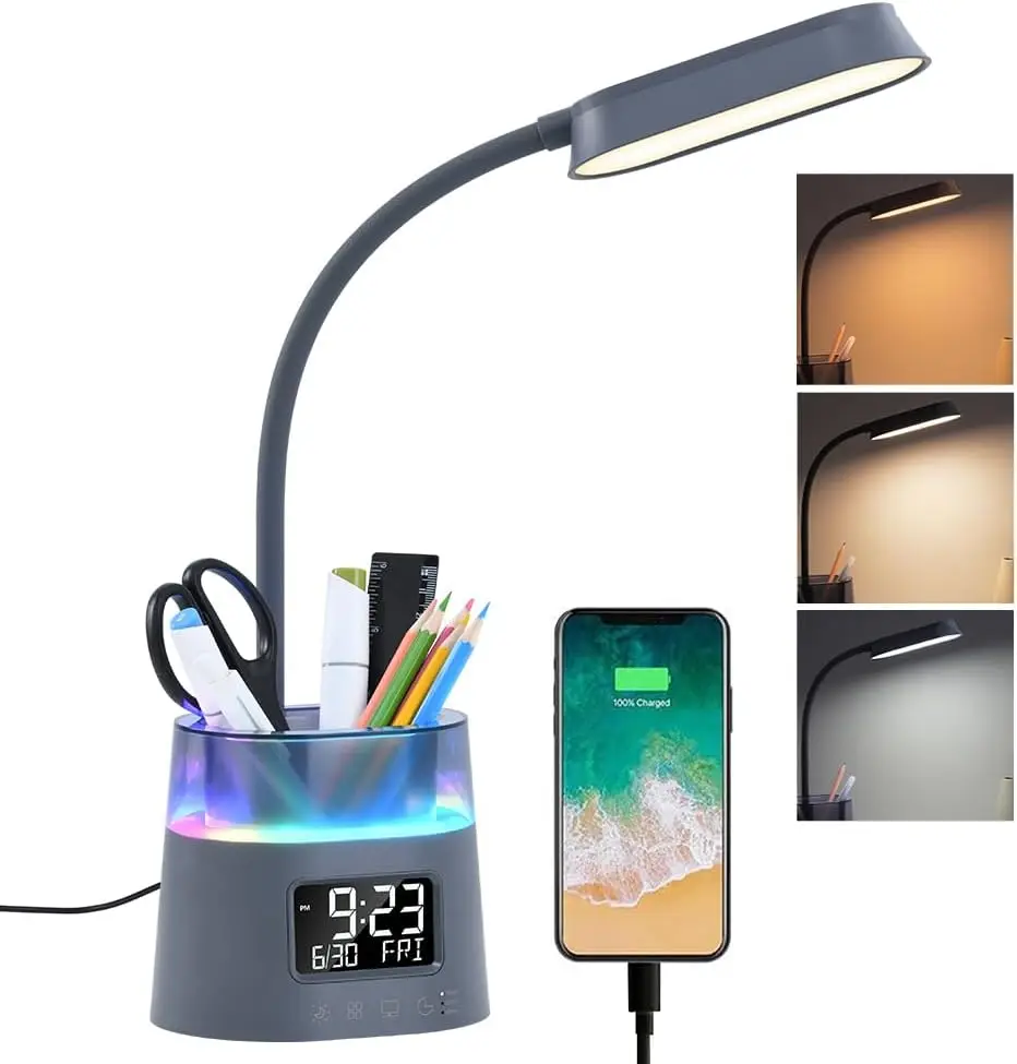 LED Desk Lamp with Charging Station, Pen Holder, Clock & RGB Night Light - Gray
LED Desk Lamp with Charging Station, Pen Holder, Clock & RGB Night Light - Gray