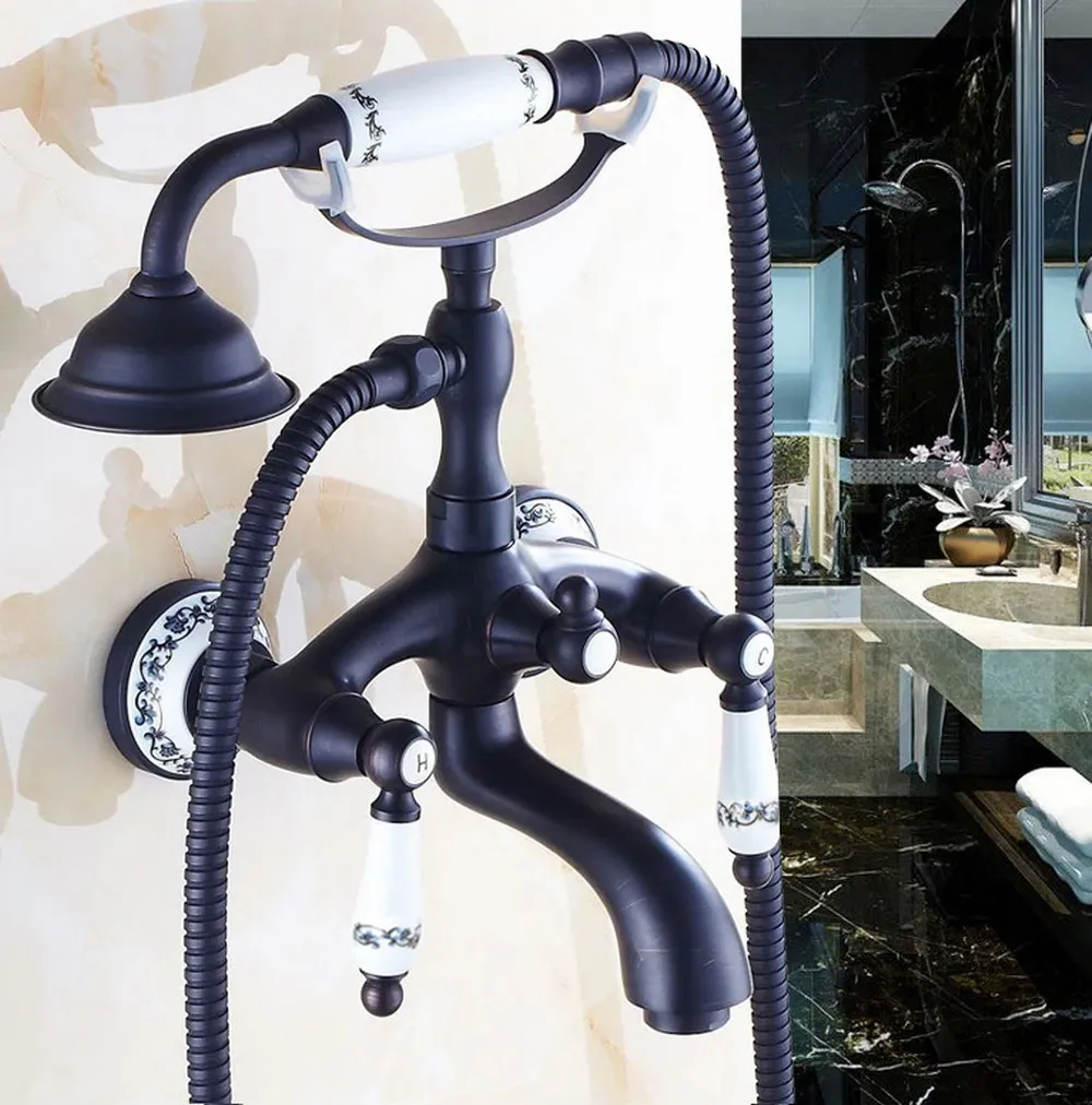 Wall Mounted Bathtub Faucet Black Brass Tub Sink Faucet Telephone Style Bathroom Bath Shower Set with Handshower Ntf530-1
Wall Mounted Bathtub Faucet Black Brass Tub Sink Faucet Telephone Style Bathroom Bath Shower Set with Handshower Ntf530-1