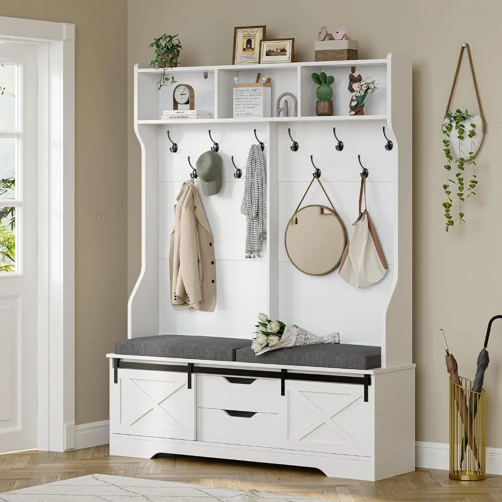 Hall Tree with Bench and Shoe Storage, Entryway Bench with Coat Rack, Modern Farm House Barn Door 3-in-1 Hall Tree with Storage
Hall Tree with Bench and Shoe Storage, Entryway Bench with Coat Rack, Modern Farm House Barn Door 3-in-1 Hall Tree with Storage
