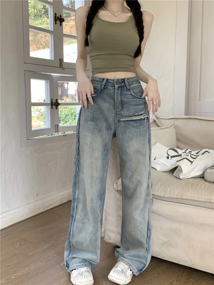 Women Retro Wash Straight High Waist Jean Trousers Baggy Ripped Tassel Design Denim Pants Female American Style Streetwear Chic
Women Retro Wash Straight High Waist Jean Trousers Baggy Ripped Tassel Design Denim Pants Female American Style Streetwear Chic