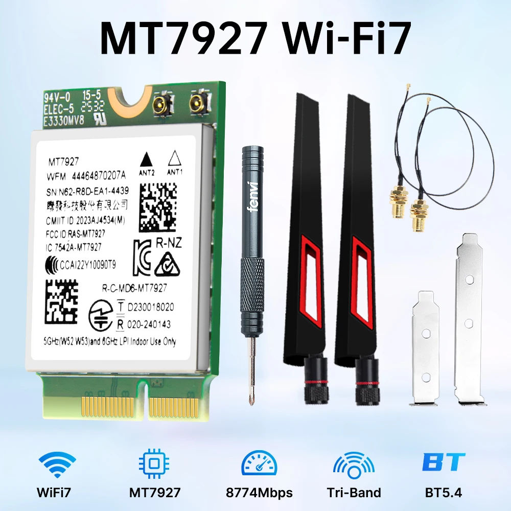 Fenvi WiFi 7 MT7927 M.2 Wi-Fi Card Tri-Band 2.4G/5G/6GHz BT5.4 Network Wireless Adapter With Antenna Desktop kit For Win11
Fenvi WiFi 7 MT7927 M.2 Wi-Fi Card Tri-Band 2.4G/5G/6GHz BT5.4 Network Wireless Adapter With Antenna Desktop kit For Win11