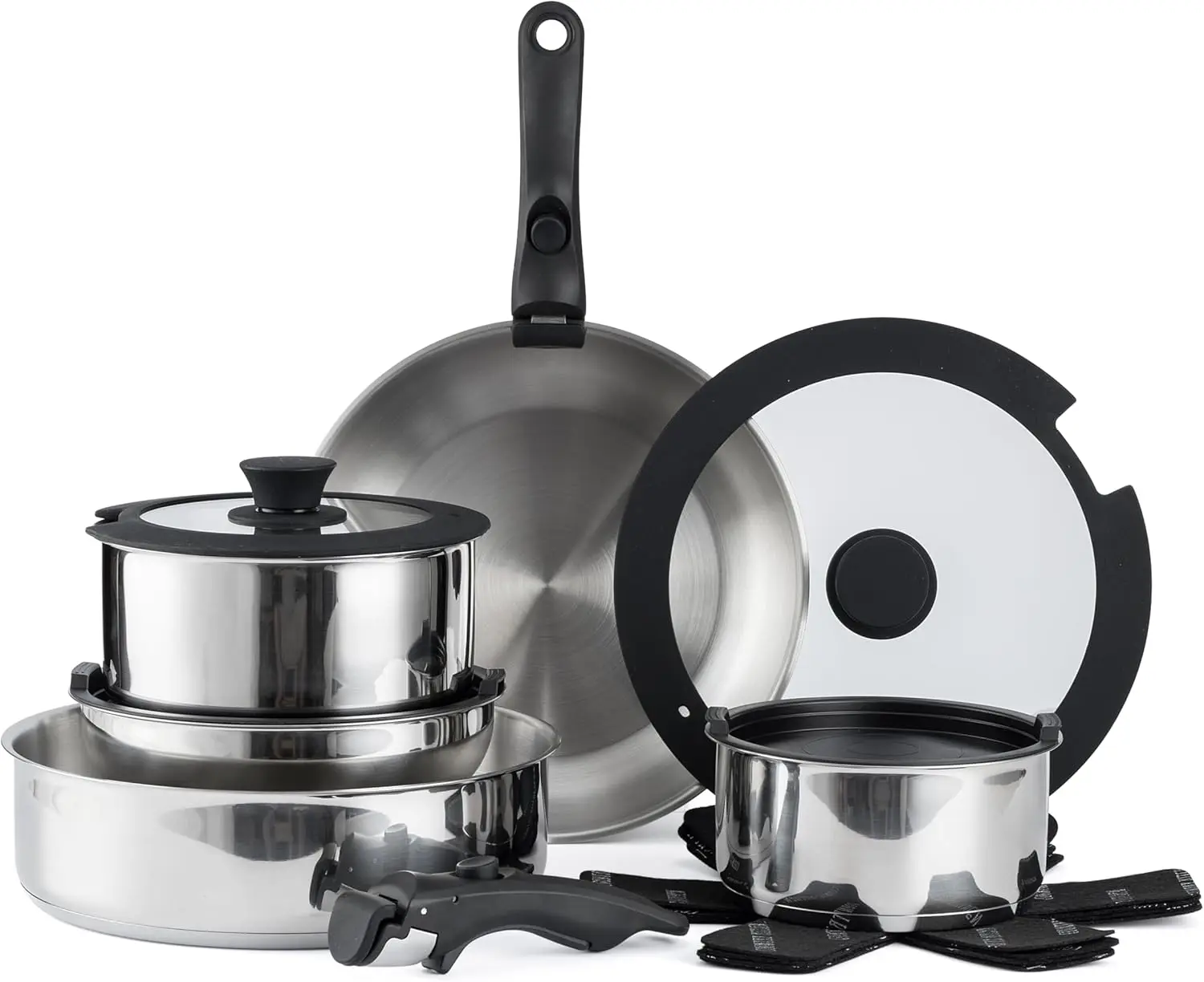 Stainless Steel Cookware Set with Removable Handle, Oven & RV Safe, Space-Saving Design
Stainless Steel Cookware Set with Removable Handle, Oven & RV Safe, Space-Saving Design