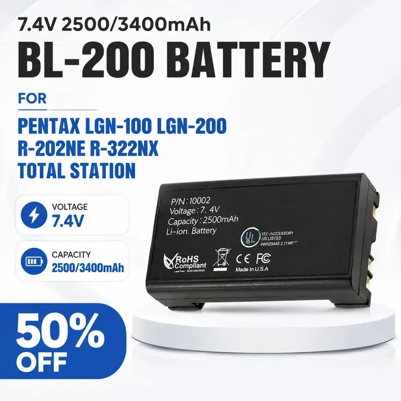 7.4V 2500/3400mAh BL-200 Battery for Pentax LGN-100 LGN-200 R-202NE R-322NX Total Station
7.4V 2500/3400mAh BL-200 Battery for Pentax LGN-100 LGN-200 R-202NE R-322NX Total Station