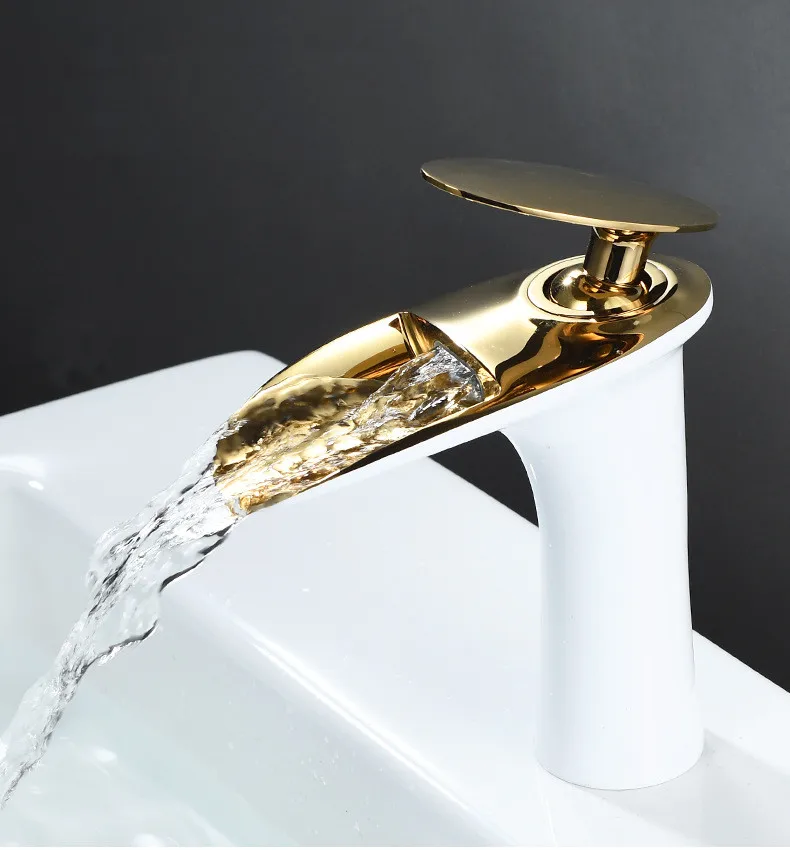 Bathroom Gold Basin Faucet - Single Handle Waterfall Mixer Tap, Brass Material with Silver Accent, Luxury Style Sink Water Crane
Bathroom Gold Basin Faucet - Single Handle Waterfall Mixer Tap, Brass Material with Silver Accent, Luxury Style Sink Water Crane