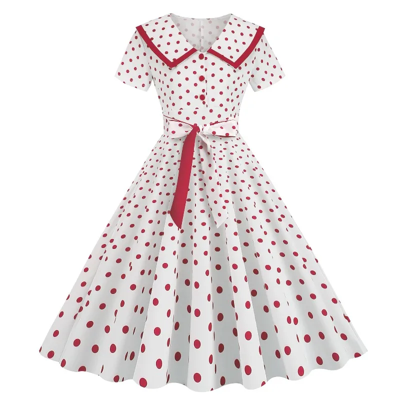 Summer Lapel Collar Short-sleeved Belt Waist Slim-fitting Pendulum Polka Dot Printed Dress Foreign Trade Retro Women's Clothing
Summer Lapel Collar Short-sleeved Belt Waist Slim-fitting Pendulum Polka Dot Printed Dress Foreign Trade Retro Women's Clothing
