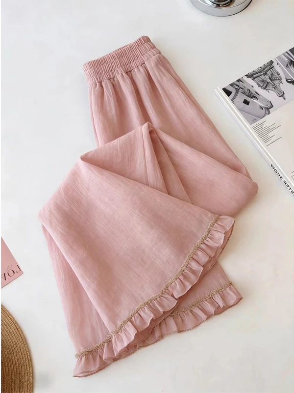 Sweet Style Flared Pants Women's High Waist Wide Leg Pants Pink Lace Trim Casual Summer Spring Fashionable Casual Pants
Sweet Style Flared Pants Women's High Waist Wide Leg Pants Pink Lace Trim Casual Summer Spring Fashionable Casual Pants
