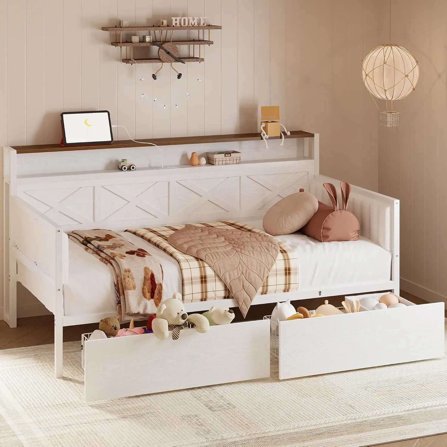 Twin Size Daybed with Storage Drawers Metal Bed Frame with X Shaped Headboard and Charging Station
Twin Size Daybed with Storage Drawers Metal Bed Frame with X Shaped Headboard and Charging Station