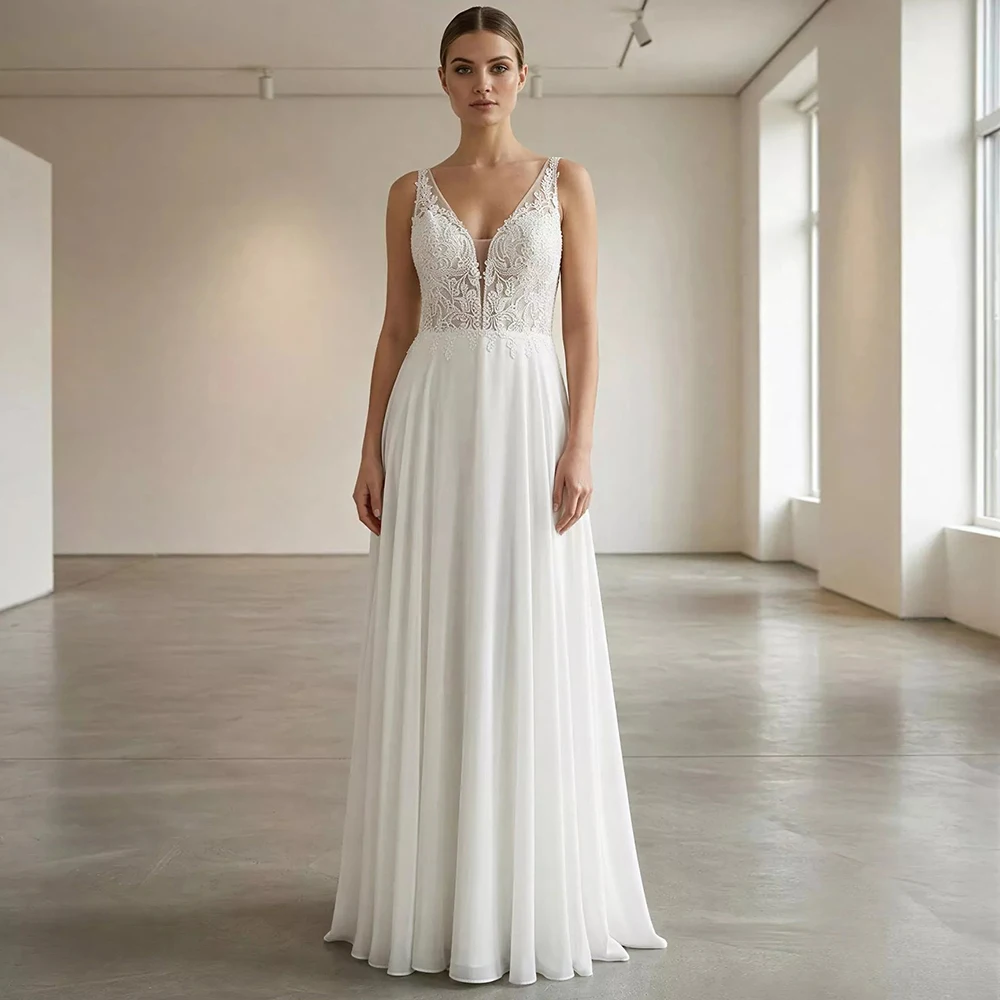 Customized Chiffon Beach Wedding Dress for Women Elegant Lace Appliques V-Neck Sweep Train Bridal Gowns robe de mariée 2026
Customized Chiffon Beach Wedding Dress for Women Elegant Lace Appliques V-Neck Sweep Train Bridal Gowns robe de mariée 2026