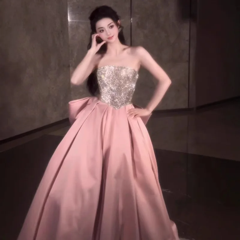 Pink Shiny Evening Dress 2025 New Exquisite Strapless Sequined Floor-length Prom Dress Princess Ball Gowns For Banquet Vestidos
Pink Shiny Evening Dress 2025 New Exquisite Strapless Sequined Floor-length Prom Dress Princess Ball Gowns For Banquet Vestidos