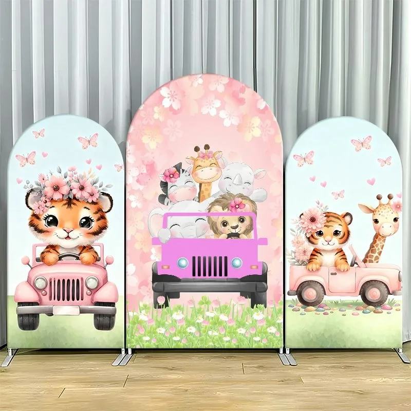 Single Side Arch Backdrop Cover Whimsical Animal Adventure Background for Party Decor featuring pink jeep scenes with tiger
Single Side Arch Backdrop Cover Whimsical Animal Adventure Background for Party Decor featuring pink jeep scenes with tiger