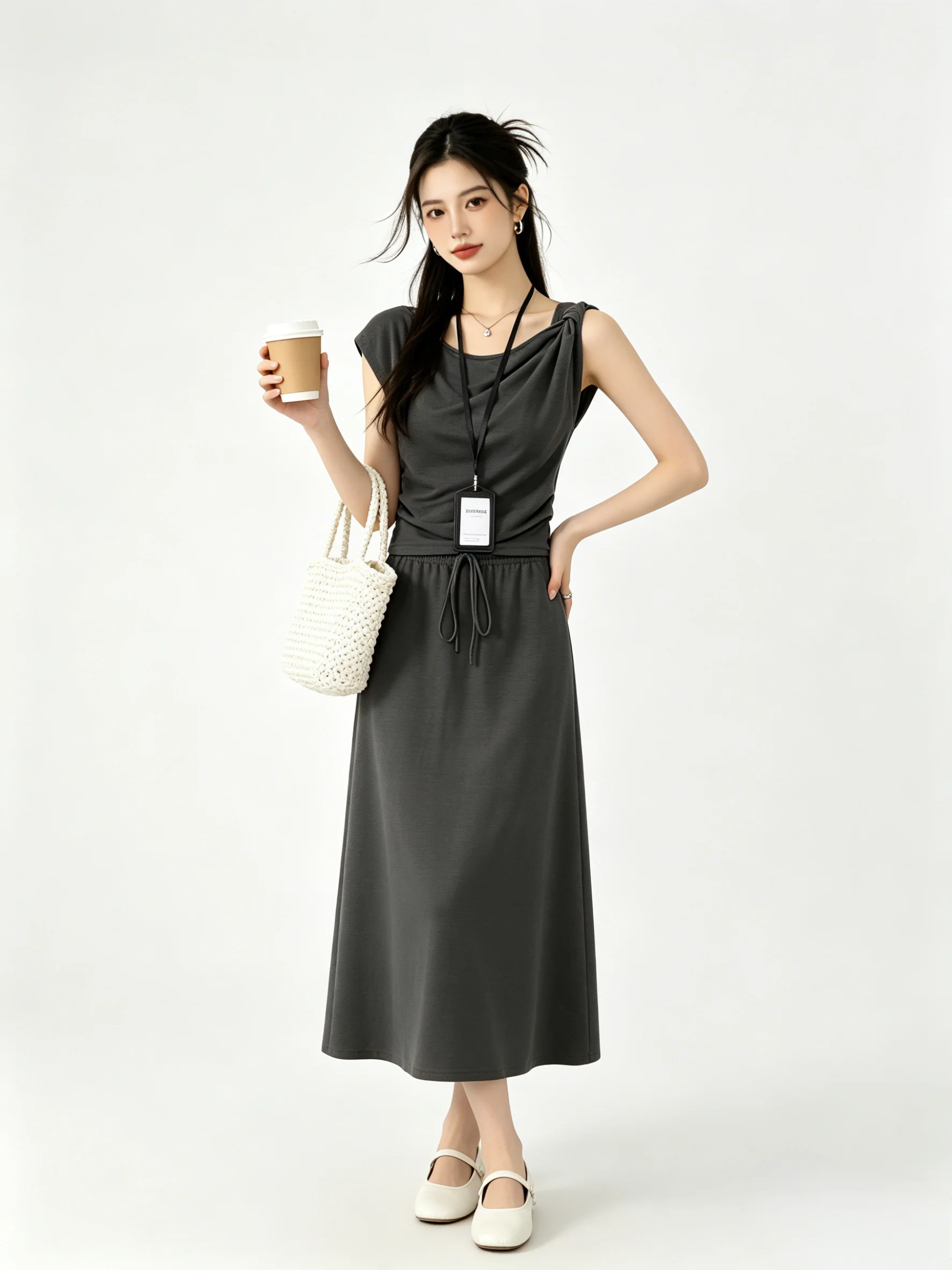 Deep Grey Slimming Retro Summer Two-Piece Set Women's T-Shirt with Side Shoulder Design And High Waist Skirt Casual Style
Deep Grey Slimming Retro Summer Two-Piece Set Women's T-Shirt with Side Shoulder Design And High Waist Skirt Casual Style