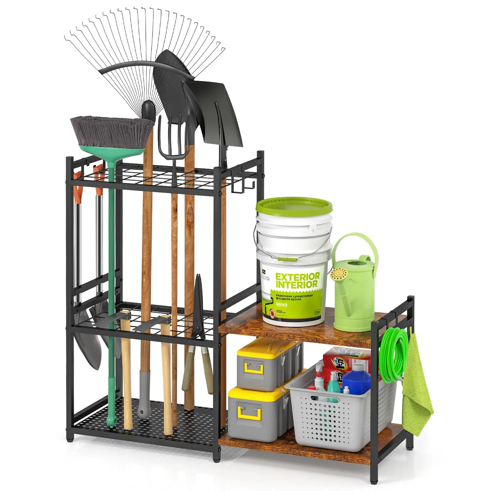 Heavy Duty Steel Garden Tool Rack With 2 Wooden Shelves And 6 Hooks, Holds 35 Long-Handled Tools For Garage Or Yard Storage
Heavy Duty Steel Garden Tool Rack With 2 Wooden Shelves And 6 Hooks, Holds 35 Long-Handled Tools For Garage Or Yard Storage