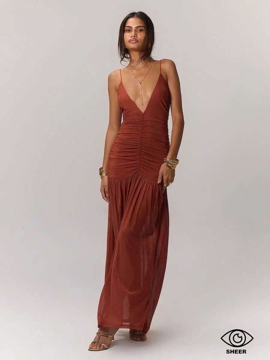 Ruched Front Deep V-Neck Maxi Dress in Rust for Vacation Evening Wear
Ruched Front Deep V-Neck Maxi Dress in Rust for Vacation Evening Wear