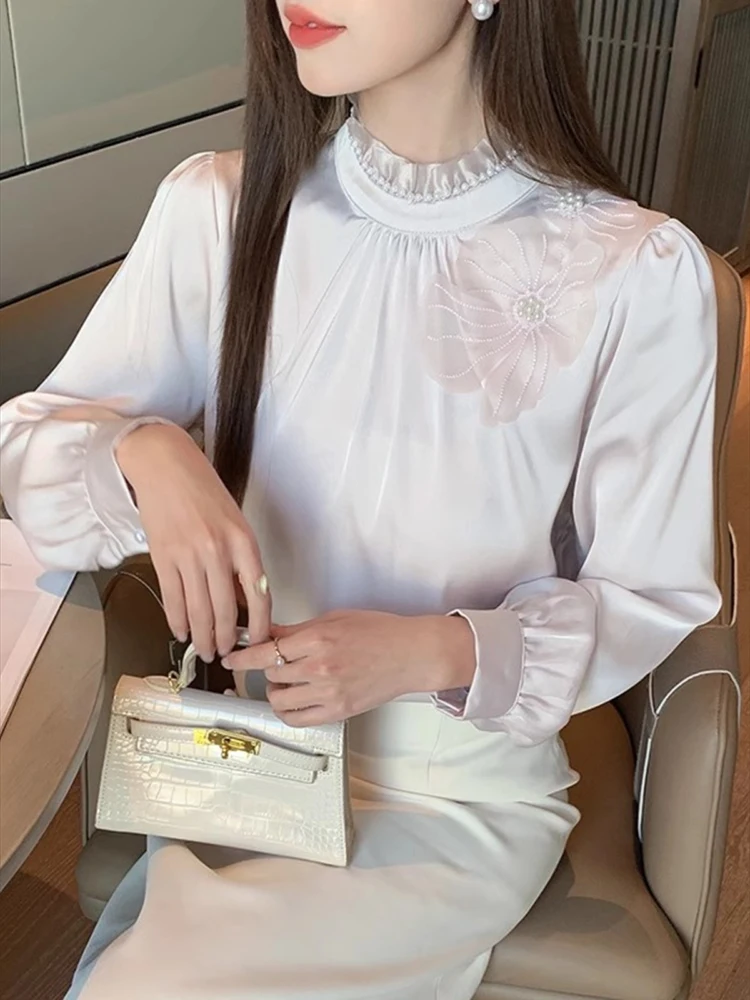 Fashion nail bead lotus leaf collar long sleeved shirt for women spring autumn 2025 new western-style satin women's top
Fashion nail bead lotus leaf collar long sleeved shirt for women spring autumn 2025 new western-style satin women's top