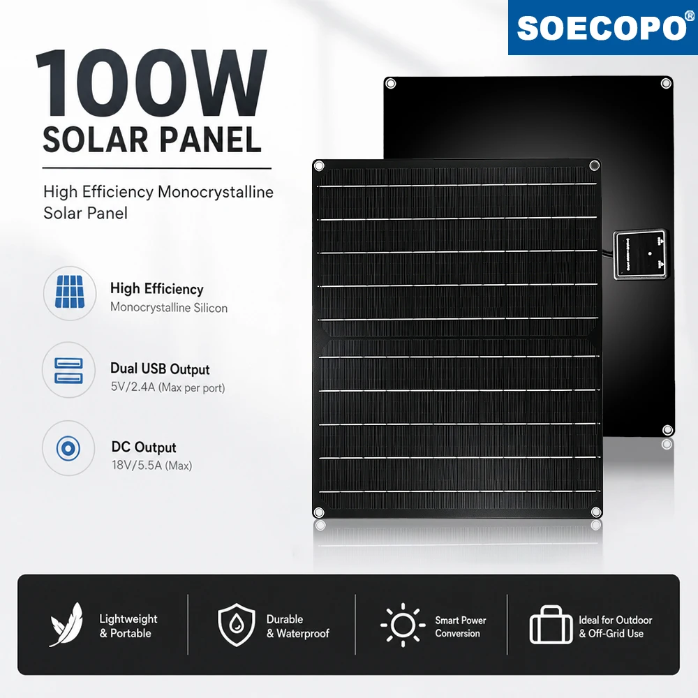SOECOPO 100W Flexible Solar Panel Monocrystalline Dual USB DC Output Waterproof Solar Charger for RV Camping Boat
SOECOPO 100W Flexible Solar Panel Monocrystalline Dual USB DC Output Waterproof Solar Charger for RV Camping Boat